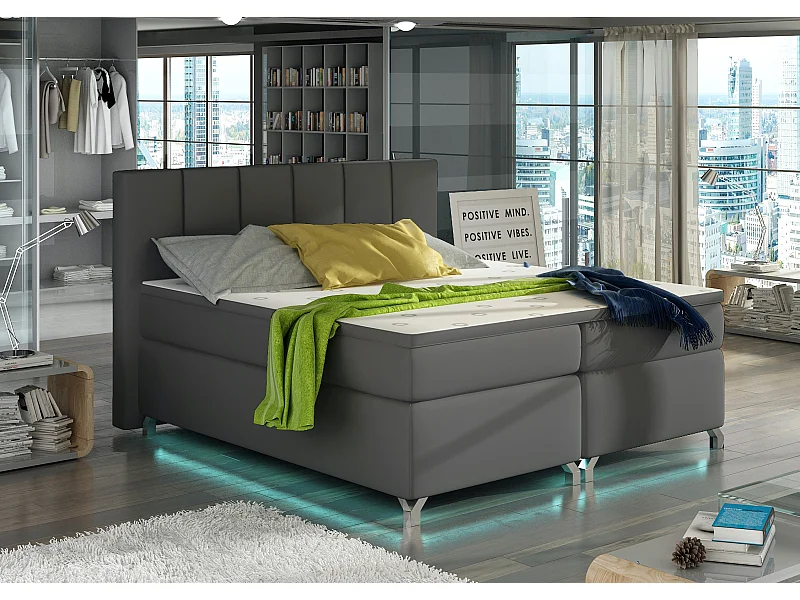 Lit boxspring 140x200 simili cuir gris Balfor