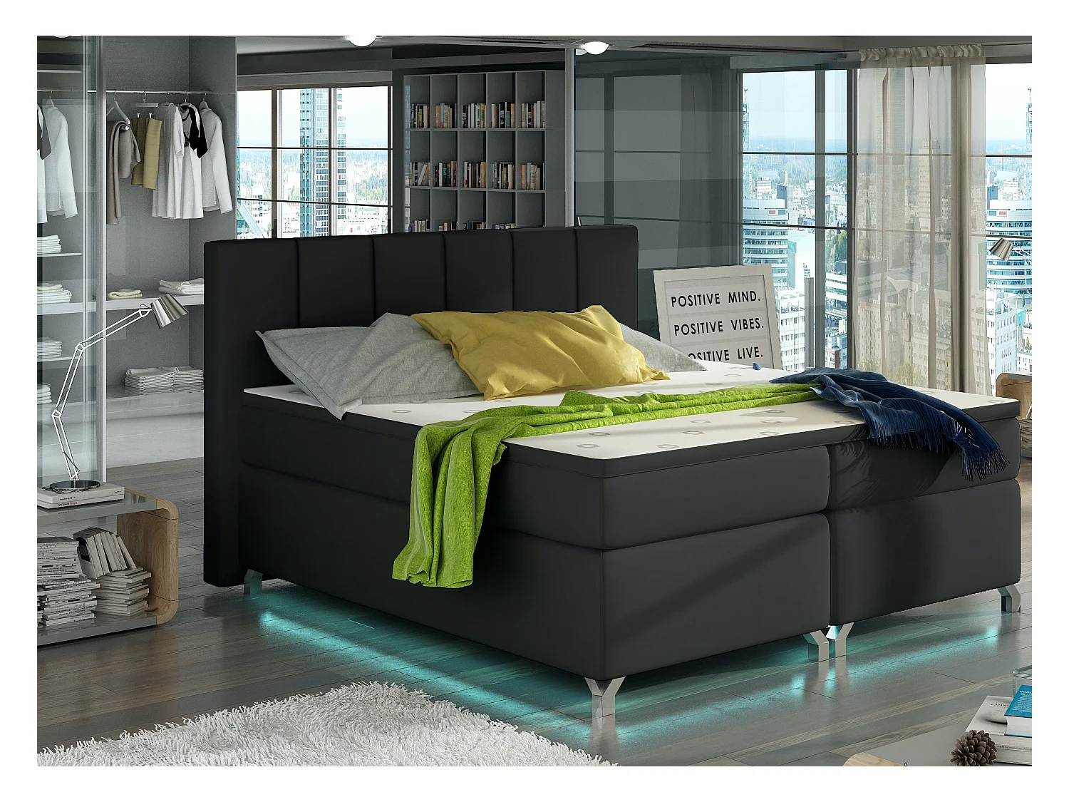 Lit boxspring 140x200 simili cuir noir Balfor