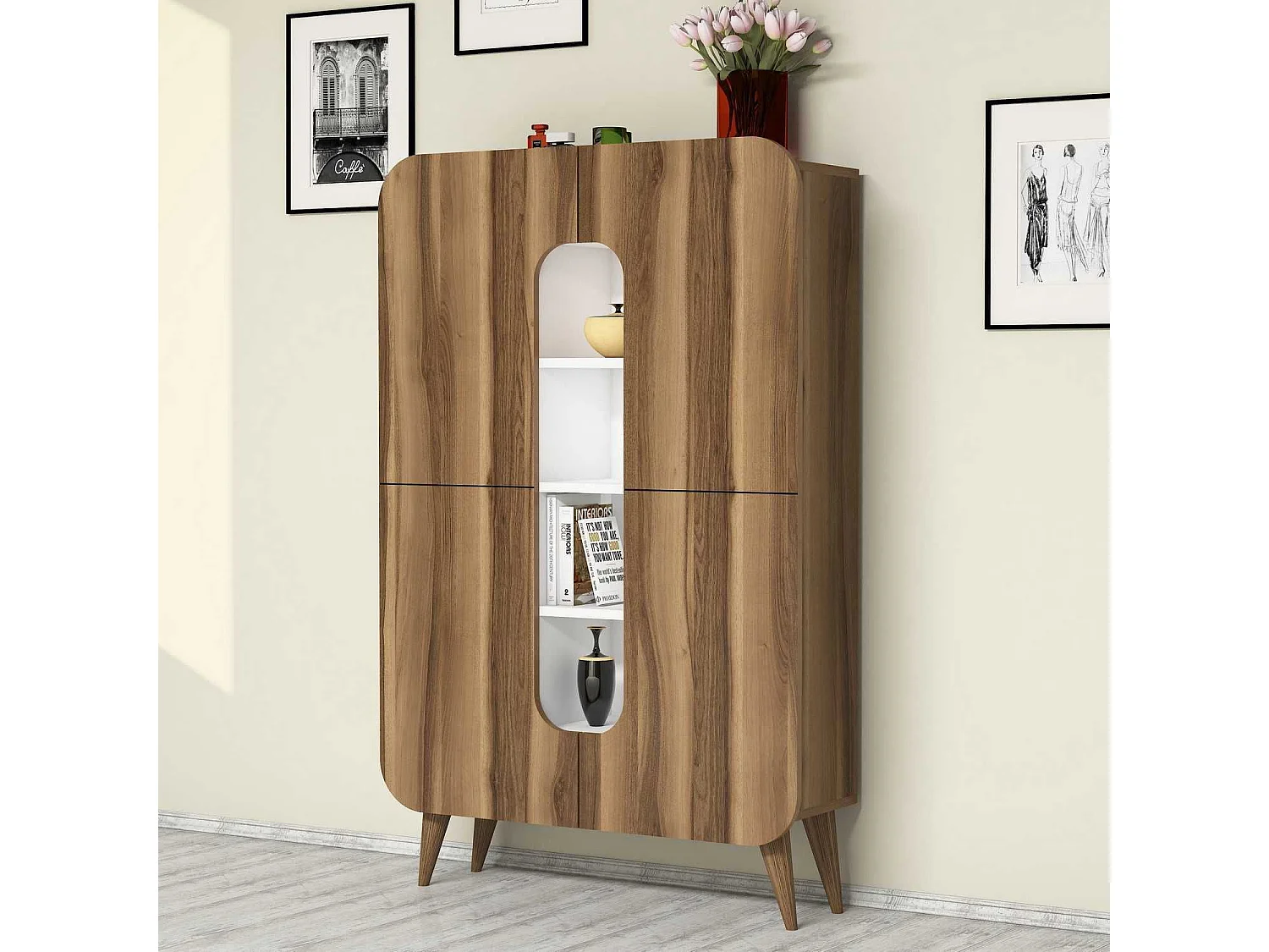 Bibliothèque 2 portes Turingo Bois Naturel et Blanc