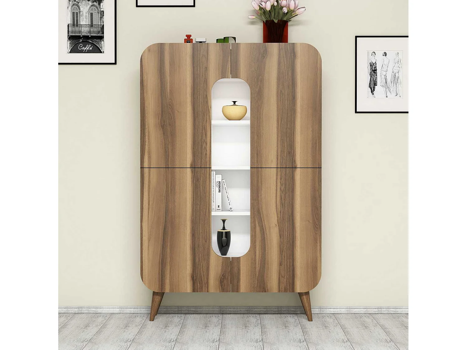 Bibliothèque 2 portes Turingo Bois Naturel et Blanc