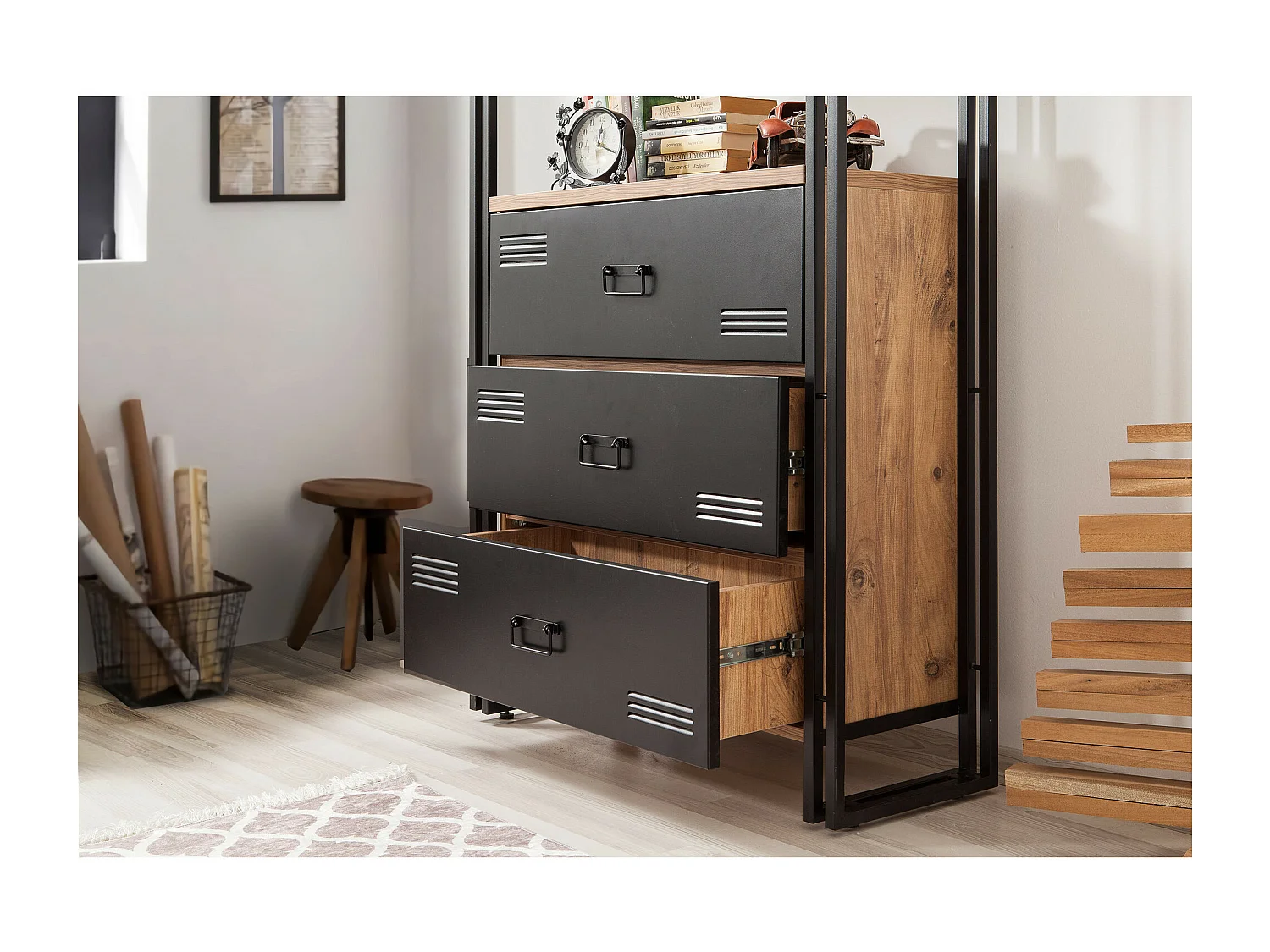 Etagère bibliothèque en bois naturel et métal noir Volka 90cm