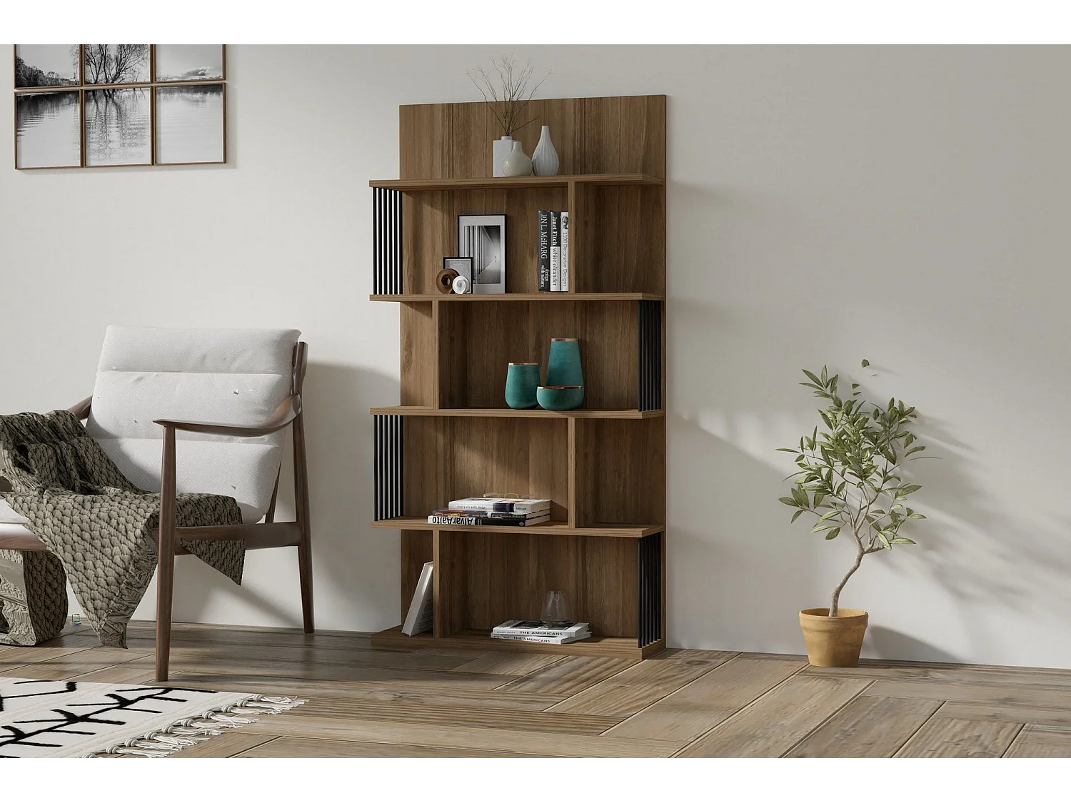 Estante em nogueira – 80 cm x 160 cm x 21,8 cm – revestido em melamina