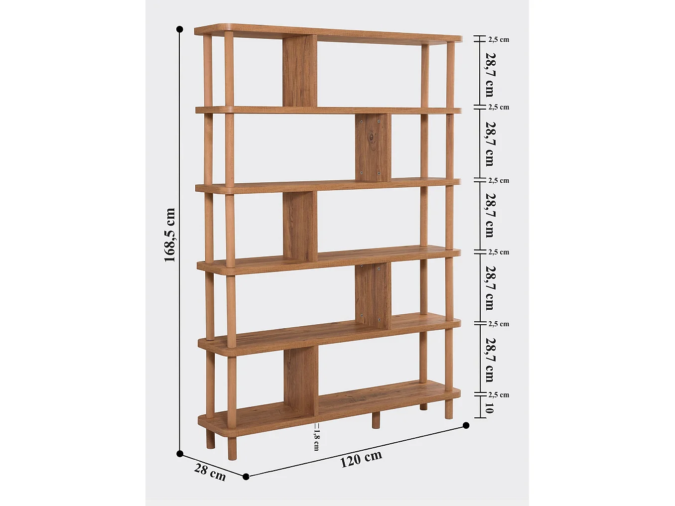 Estante rústico en MDF melaminizado – 120 x 168,5 x 28 cm – Pinheiro Atlântico