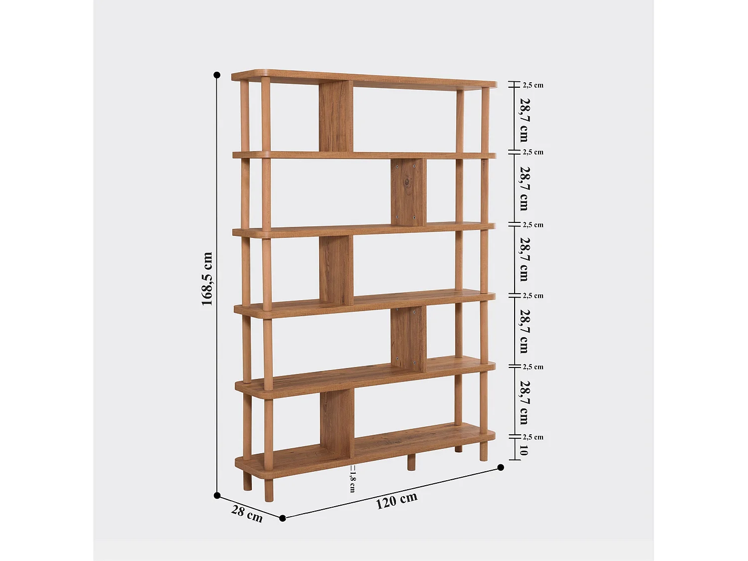 Estante rústica em MDF revestido de melamina – 120 x 168,5 x 28 cm – Pinheiro Atlântico