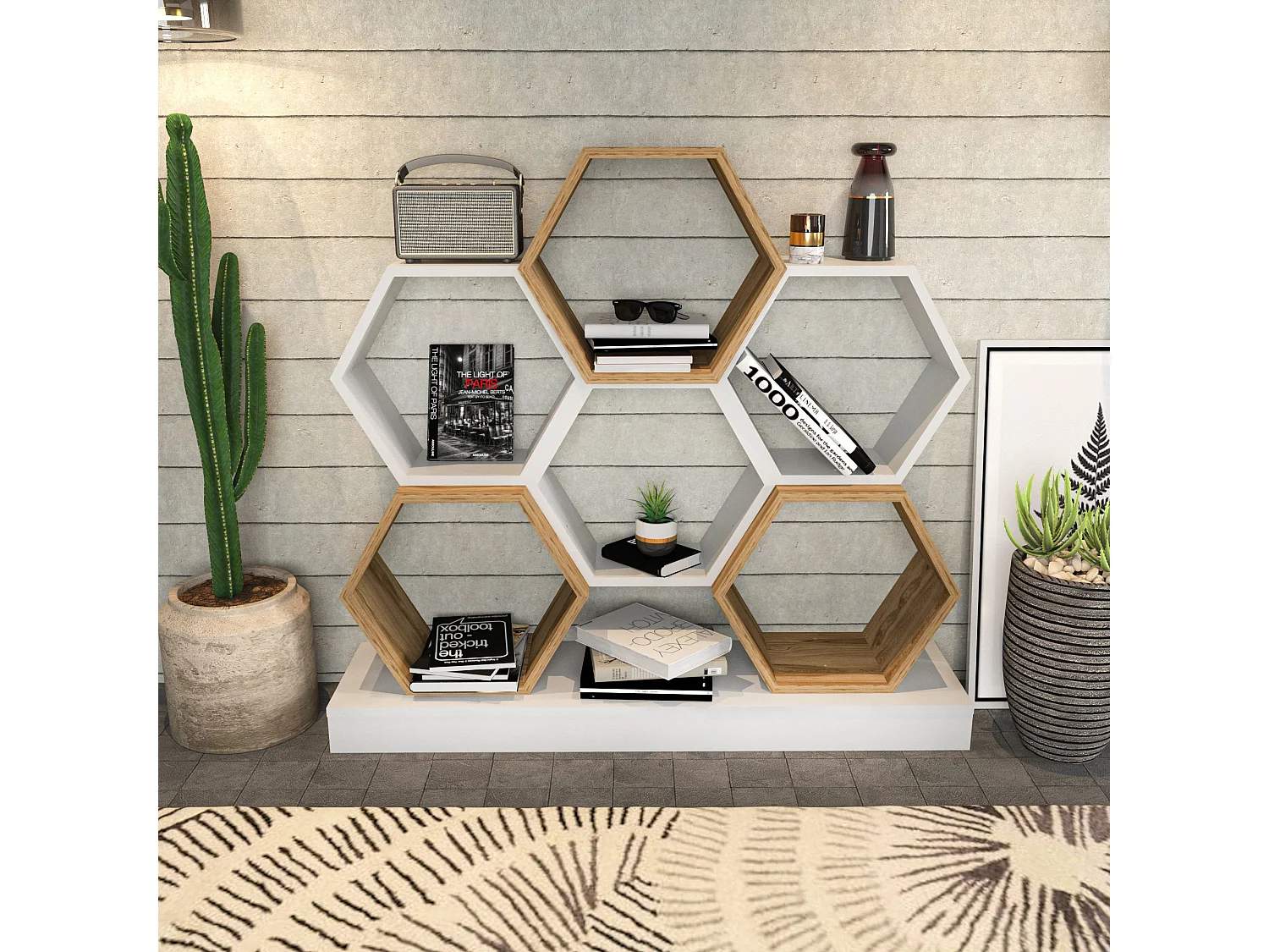 Librería moderna en blanco y roble, 120 x 29,5 x 109 cm | Tablero de partículas 100% melaminado, 18 mm de grosor | Almacenamiento con estilo