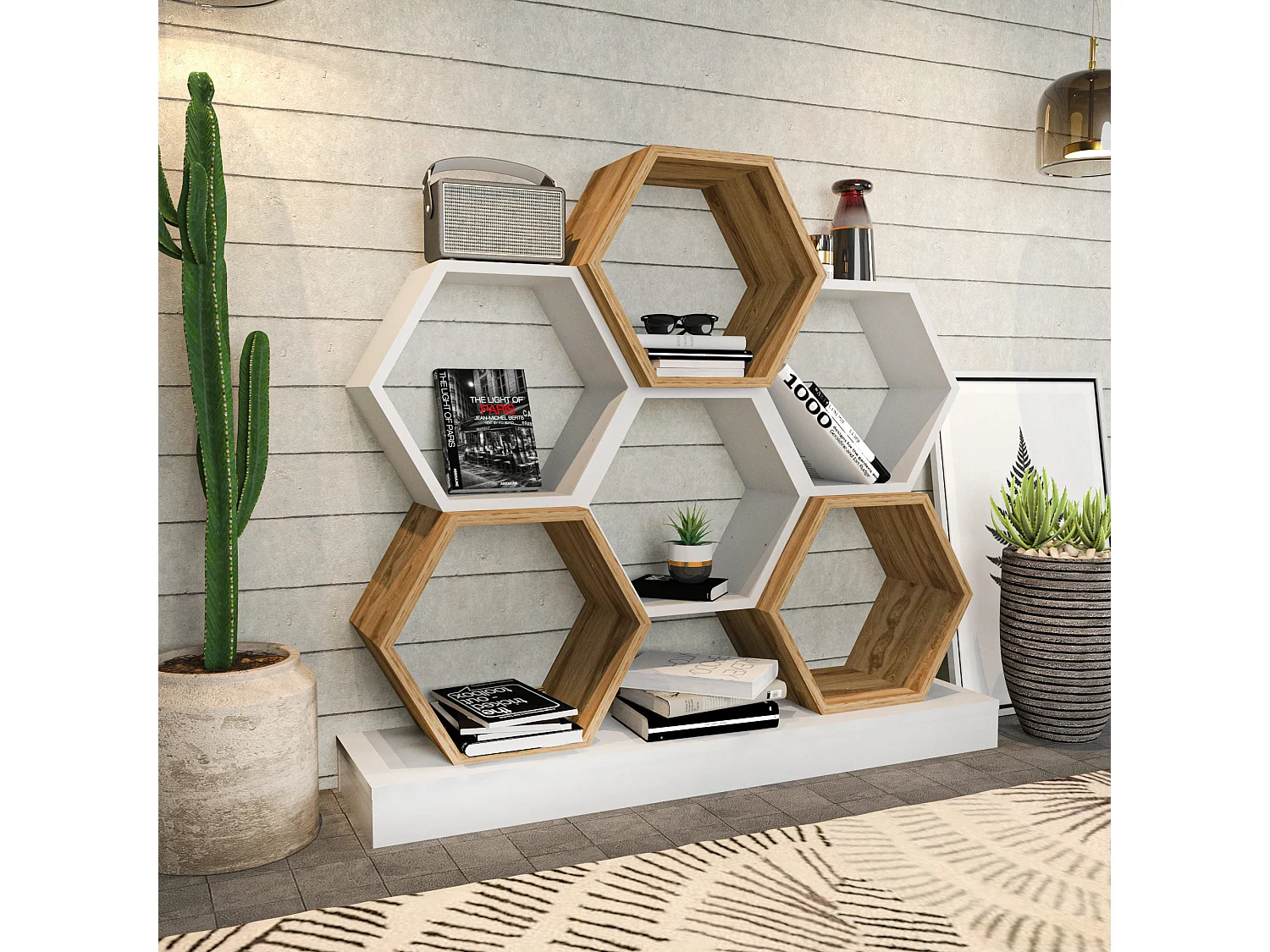 Librería moderna en blanco y roble, 120 x 29,5 x 109 cm | Tablero de partículas 100% melaminado, 18 mm de grosor | Almacenamiento con estilo