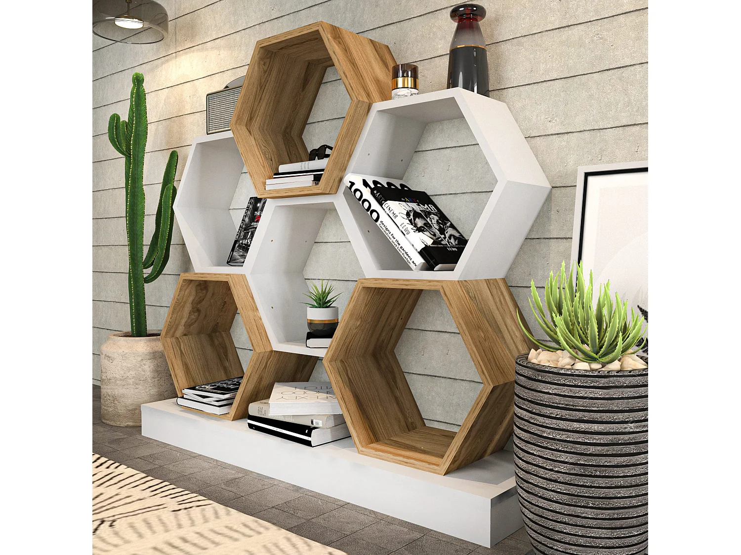 Étagère bibliothèque design Odicus L120xH109cm Bois Clair et Blanc