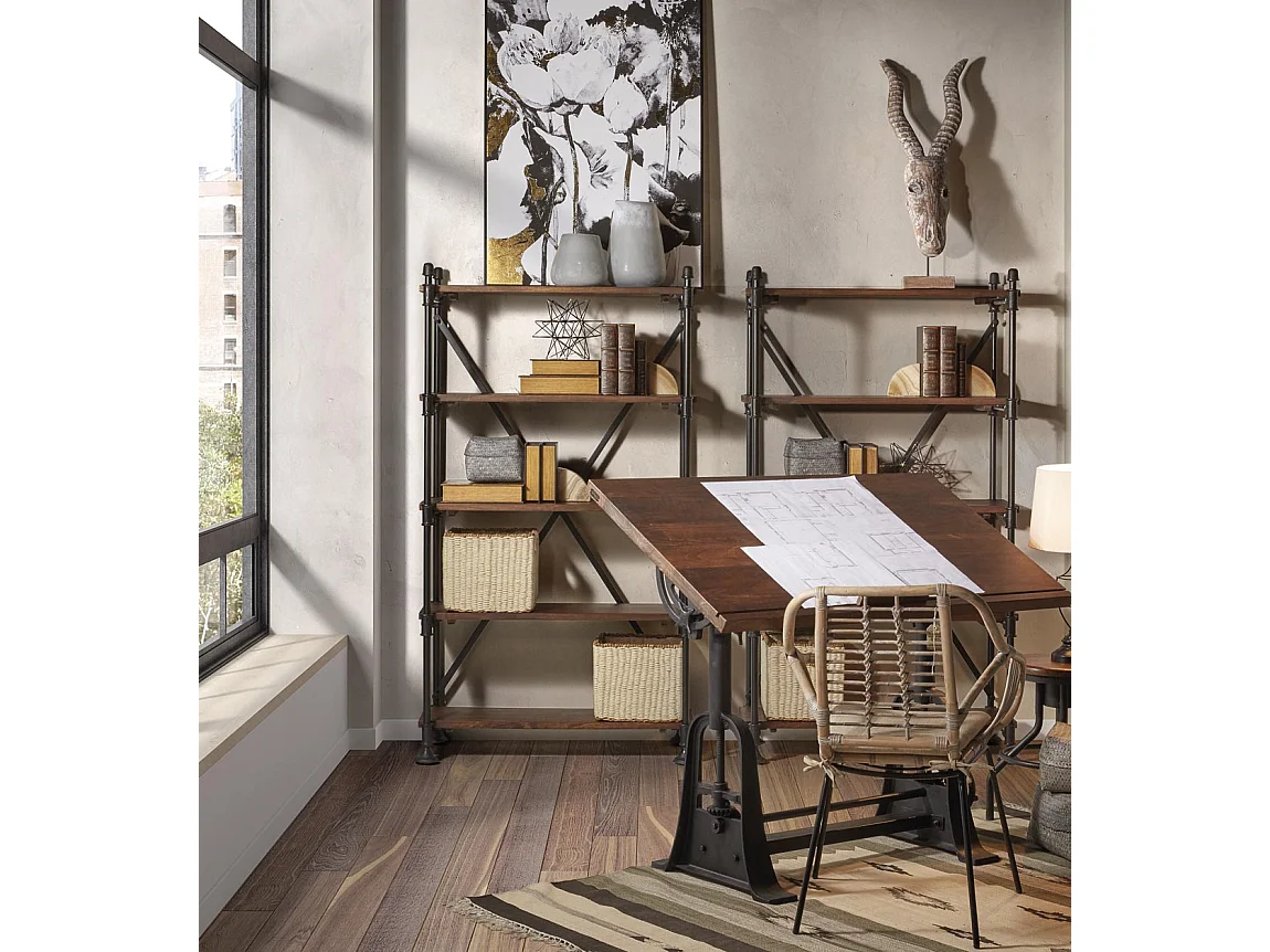 Bibliothèque industrielle fer noir et bois de manguier marron Kouba 100cm