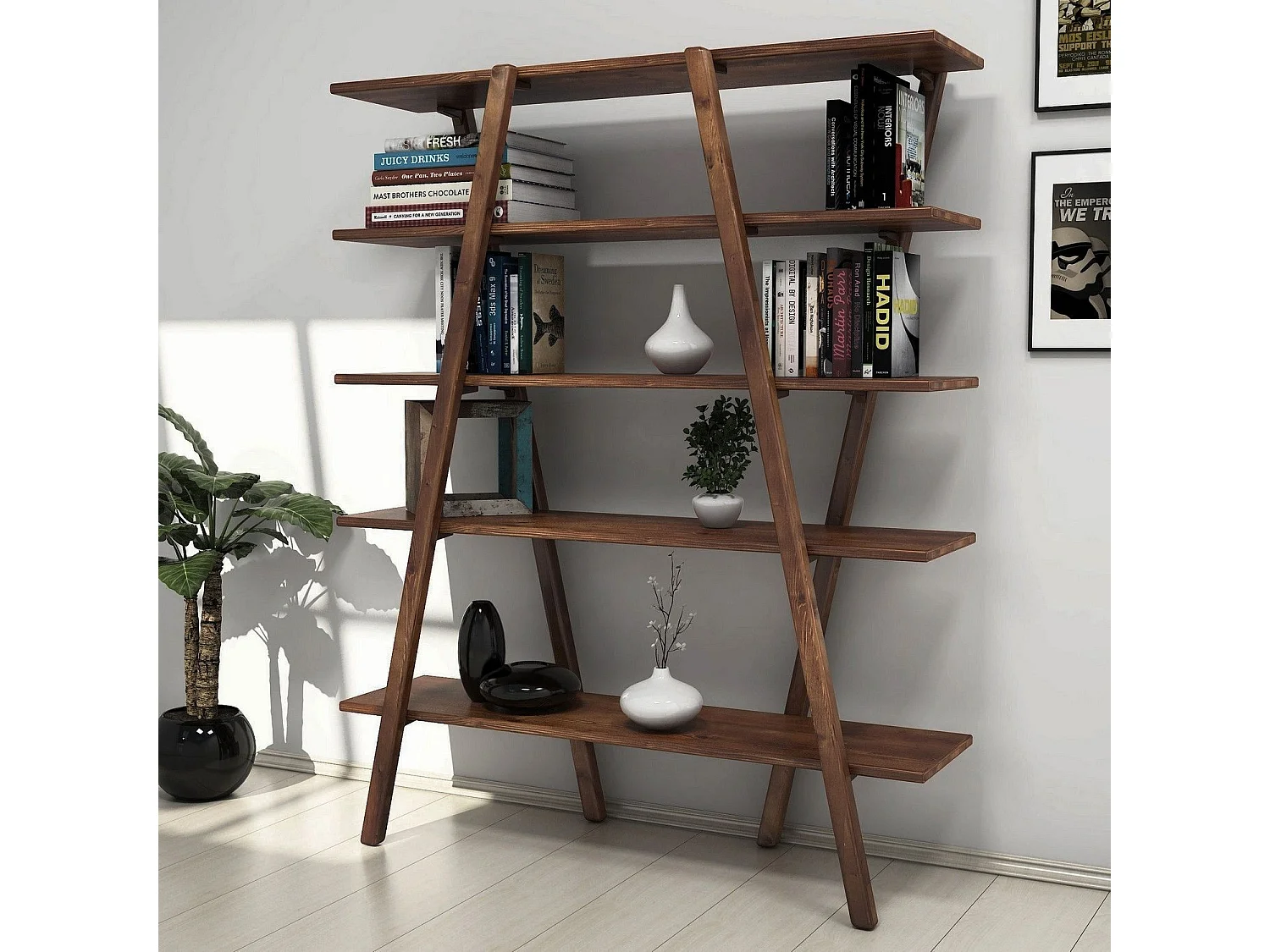 Estante de livros – 115 cm x 144 cm x 29,5 cm – Nogueira – 100% madeira de pinho