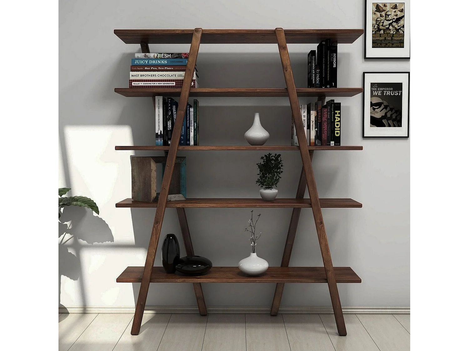 Estante de livros – 115 cm x 144 cm x 29,5 cm – Nogueira – 100% madeira de pinho