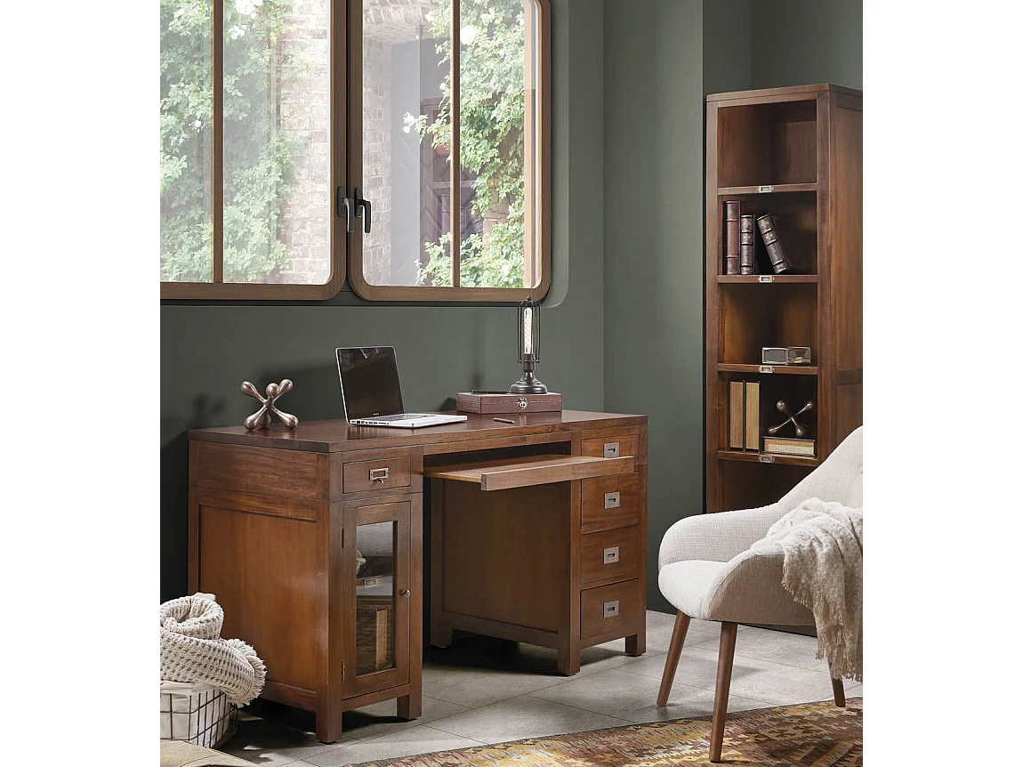 Bibliothèque coloniale en bois d'acajou massif 1 tiroir Falkane 50cm