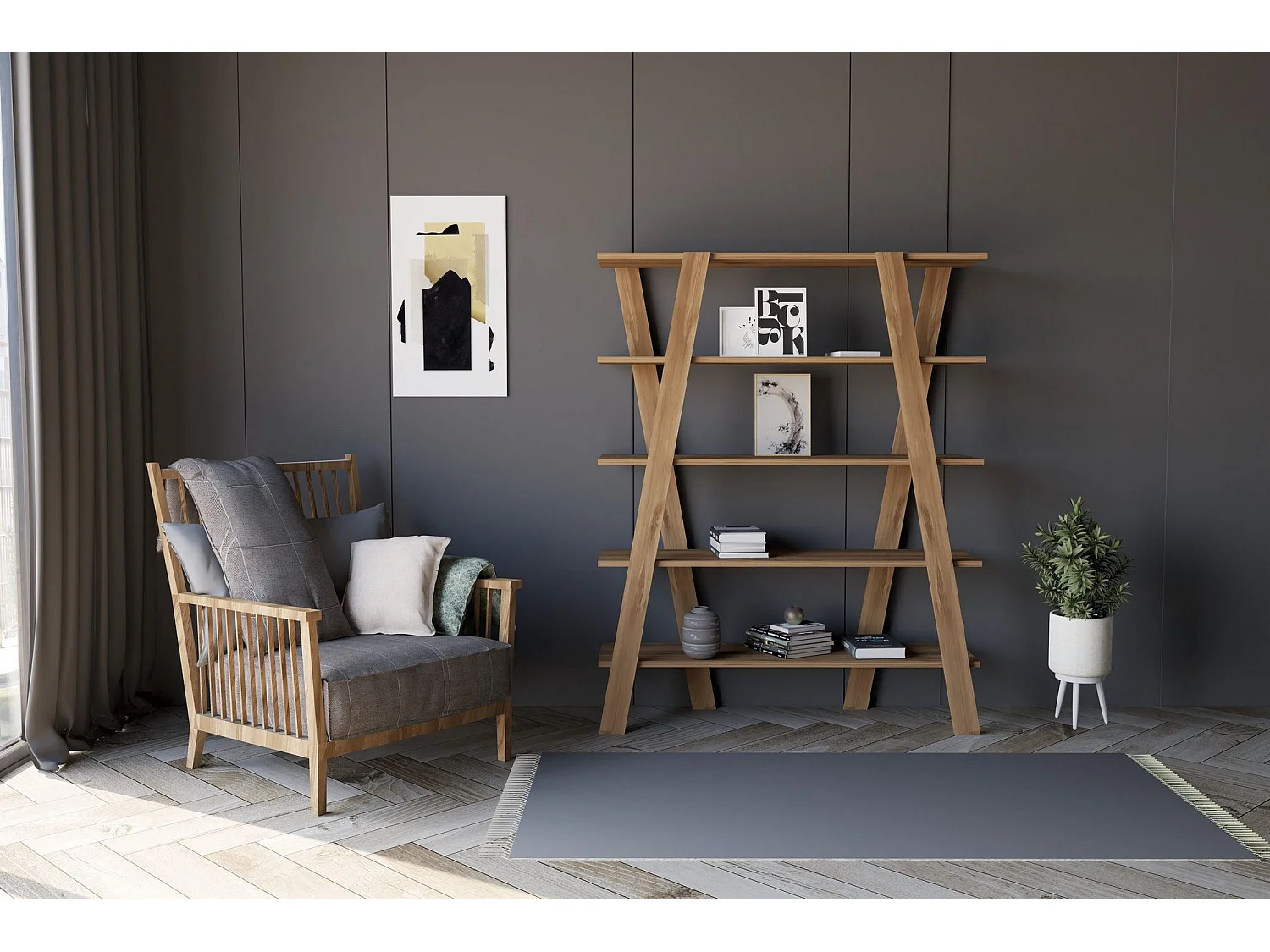 Estante escandinava em nogueira – 120 x 150 x 25 cm – nogueira – painel de partículas revestido a melamina