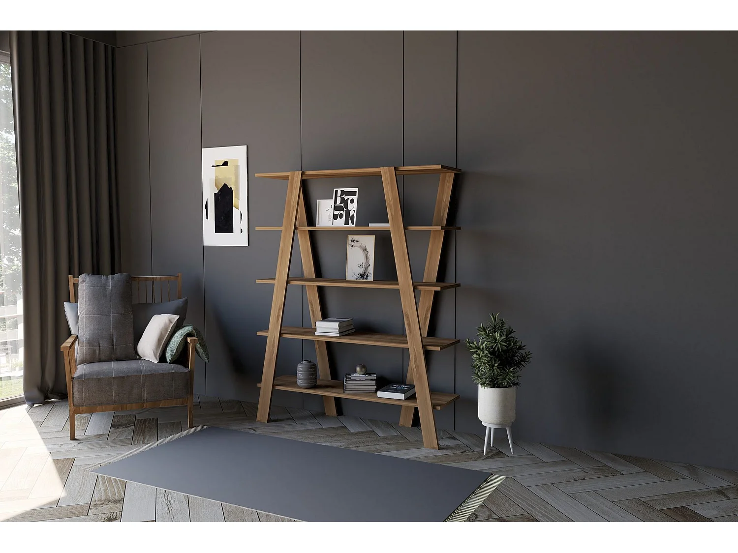 Estante escandinava em nogueira – 120 x 150 x 25 cm – nogueira – painel de partículas revestido a melamina