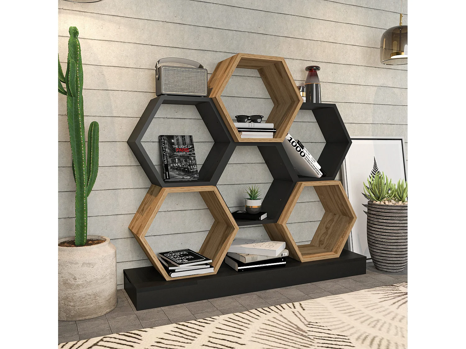 Estante moderna, preta e carvalho, 120 x 29,5 x 109 cm | Painel de partículas 100% revestido de melamina, 18 mm de espessura | Armazenamento