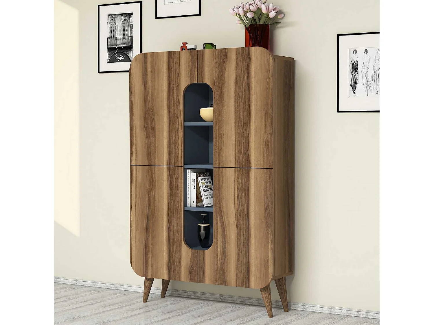 Bibliothèque 2 portes Turingo Bois Naturel et Bleu