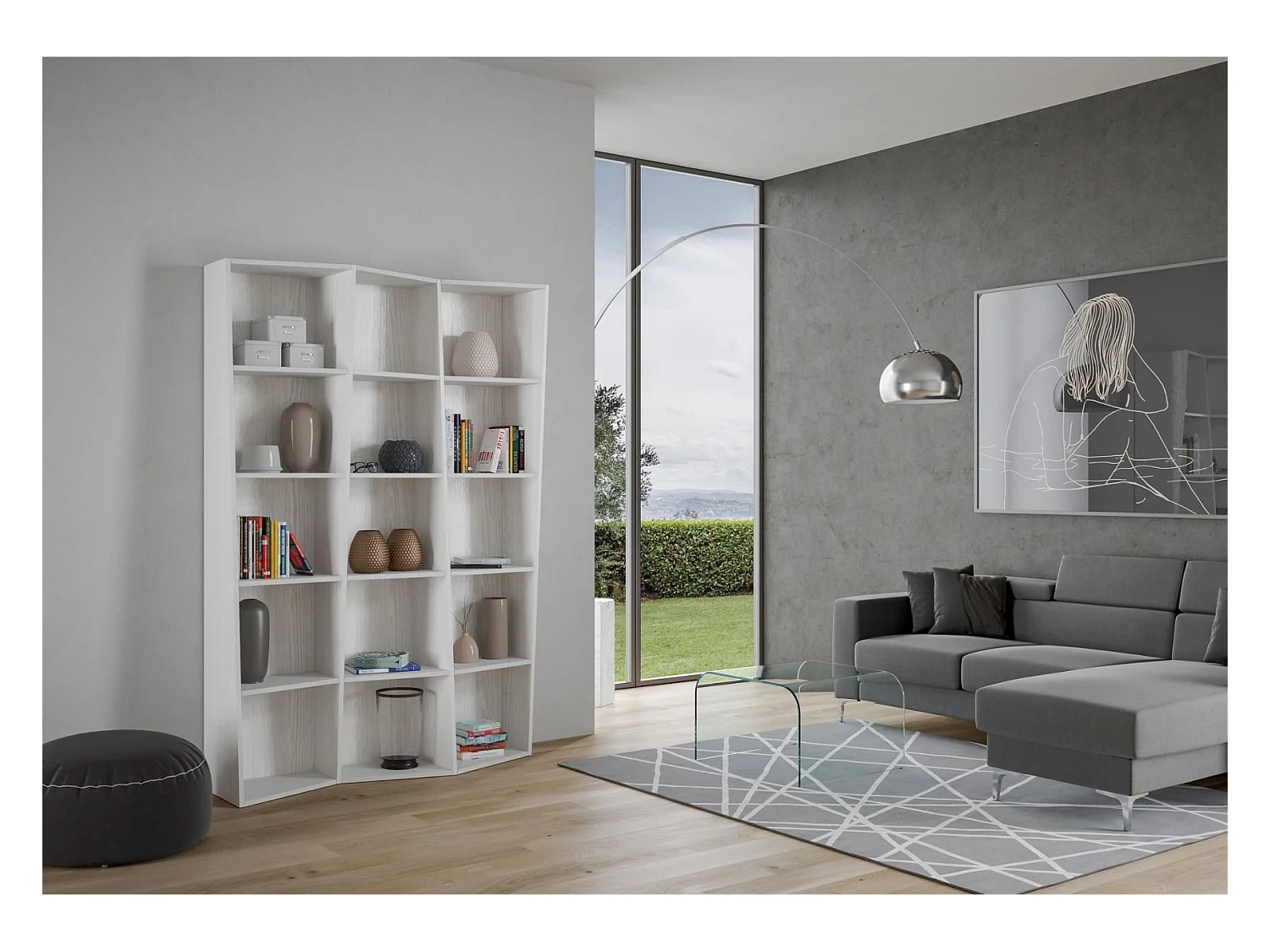 Librería de madera blanca desestructurada Brika 317 cm-Color Blanco-Anchura 137 cm