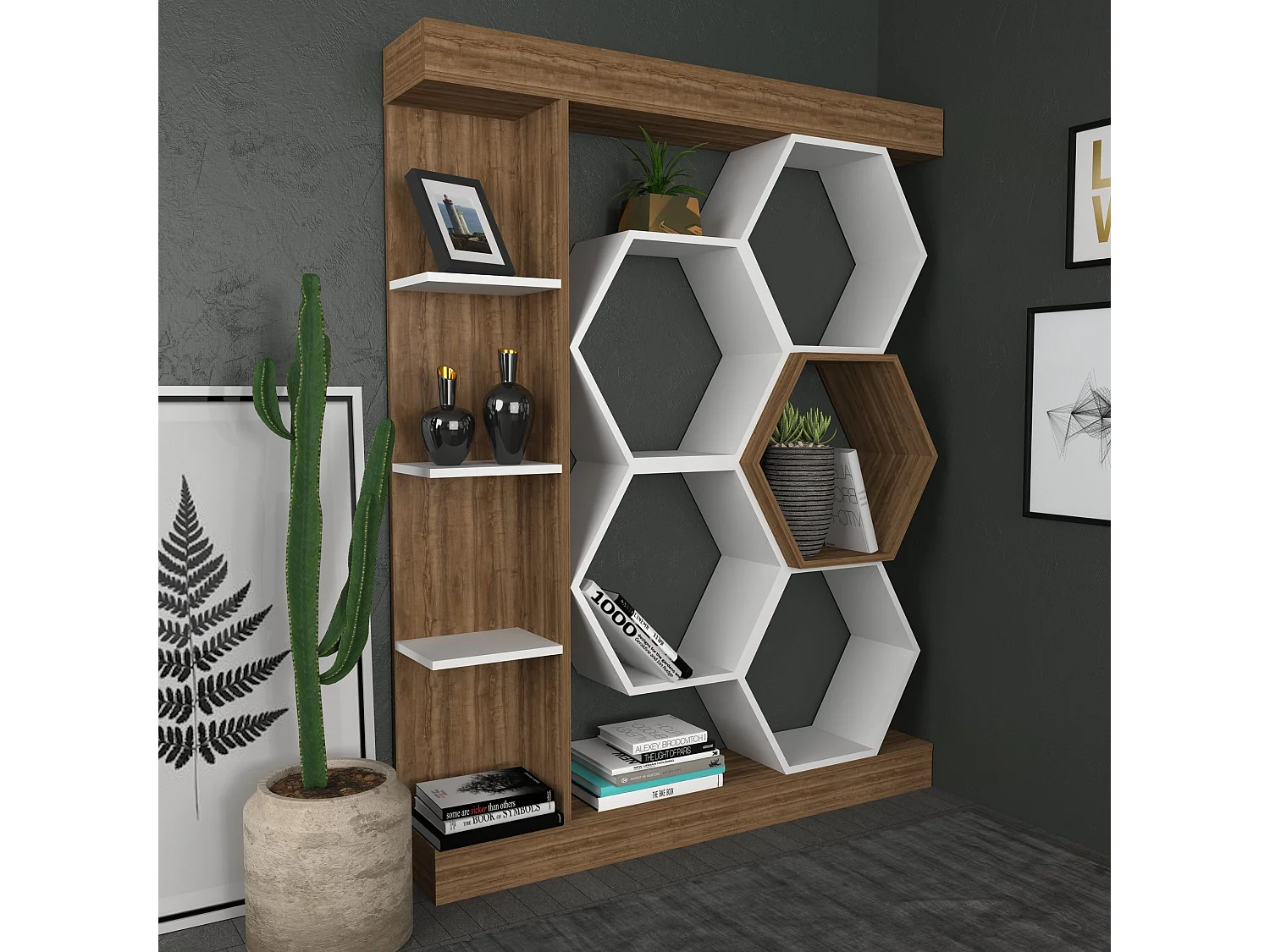 Estantería moderna en blanco y nogal, 140 x 28 x 178 cm | Tablero de partículas 100 % melaminado, 1,9 cm de grosor | Almacenamiento elegante