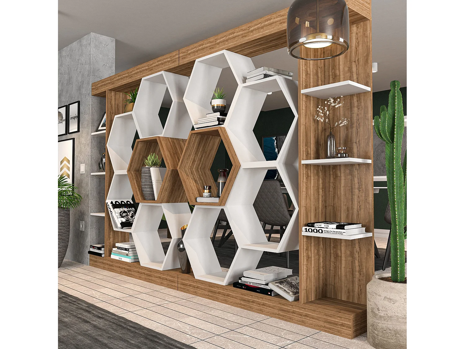 Estantería moderna en blanco y nogal, 140 x 28 x 178 cm | Tablero de partículas 100 % melaminado, 1,9 cm de grosor | Almacenamiento elegante