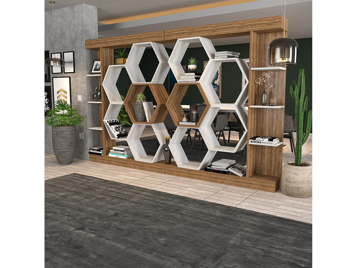 Estantería moderna en blanco y nogal, 140 x 28 x 178 cm | Tablero de partículas 100 % melaminado, 1,9 cm de grosor | Almacenamiento elegante