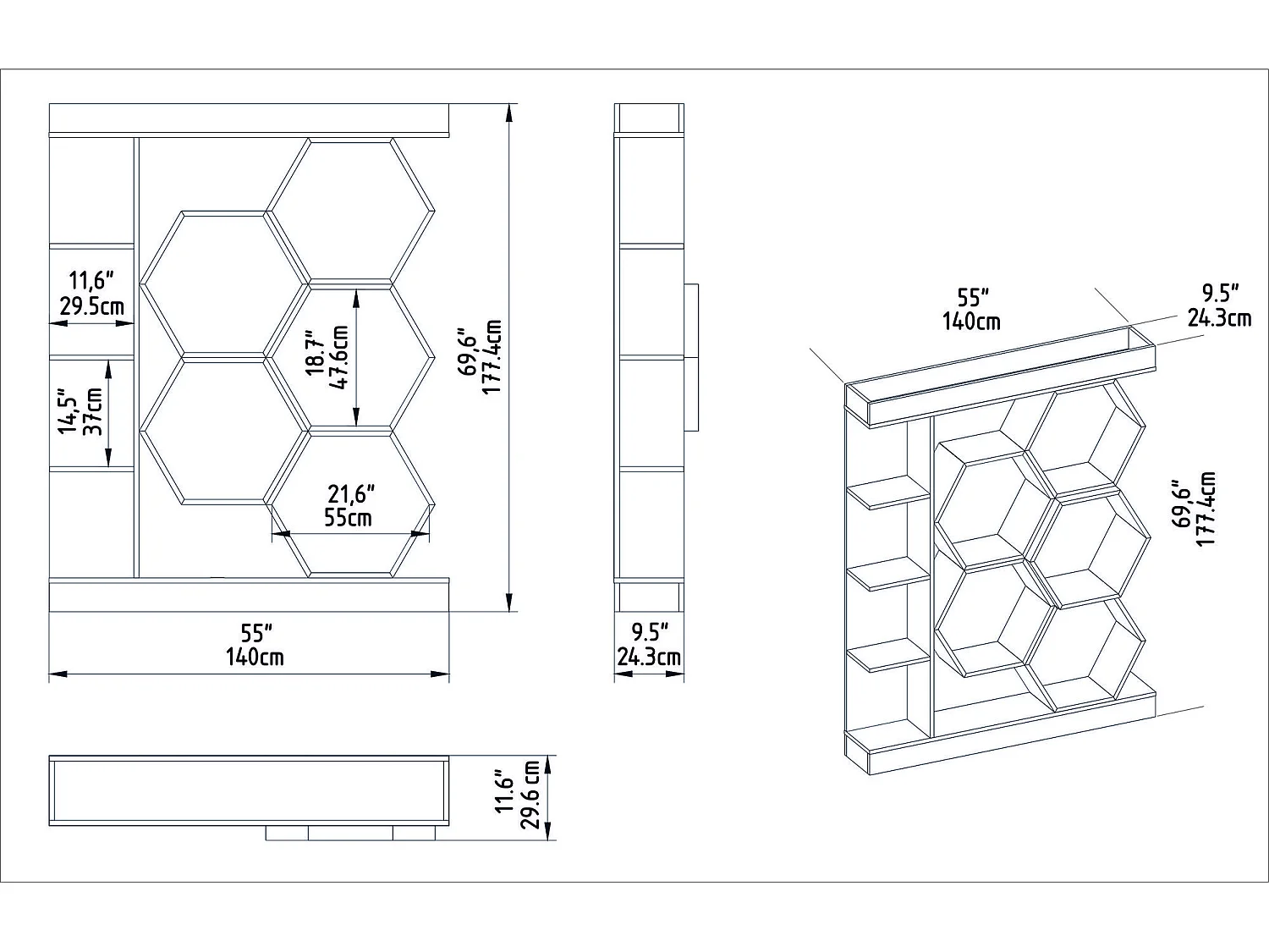 Estantería moderna en blanco y nogal, 140 x 28 x 178 cm | Tablero de partículas 100 % melaminado, 1,9 cm de grosor | Almacenamiento elegante