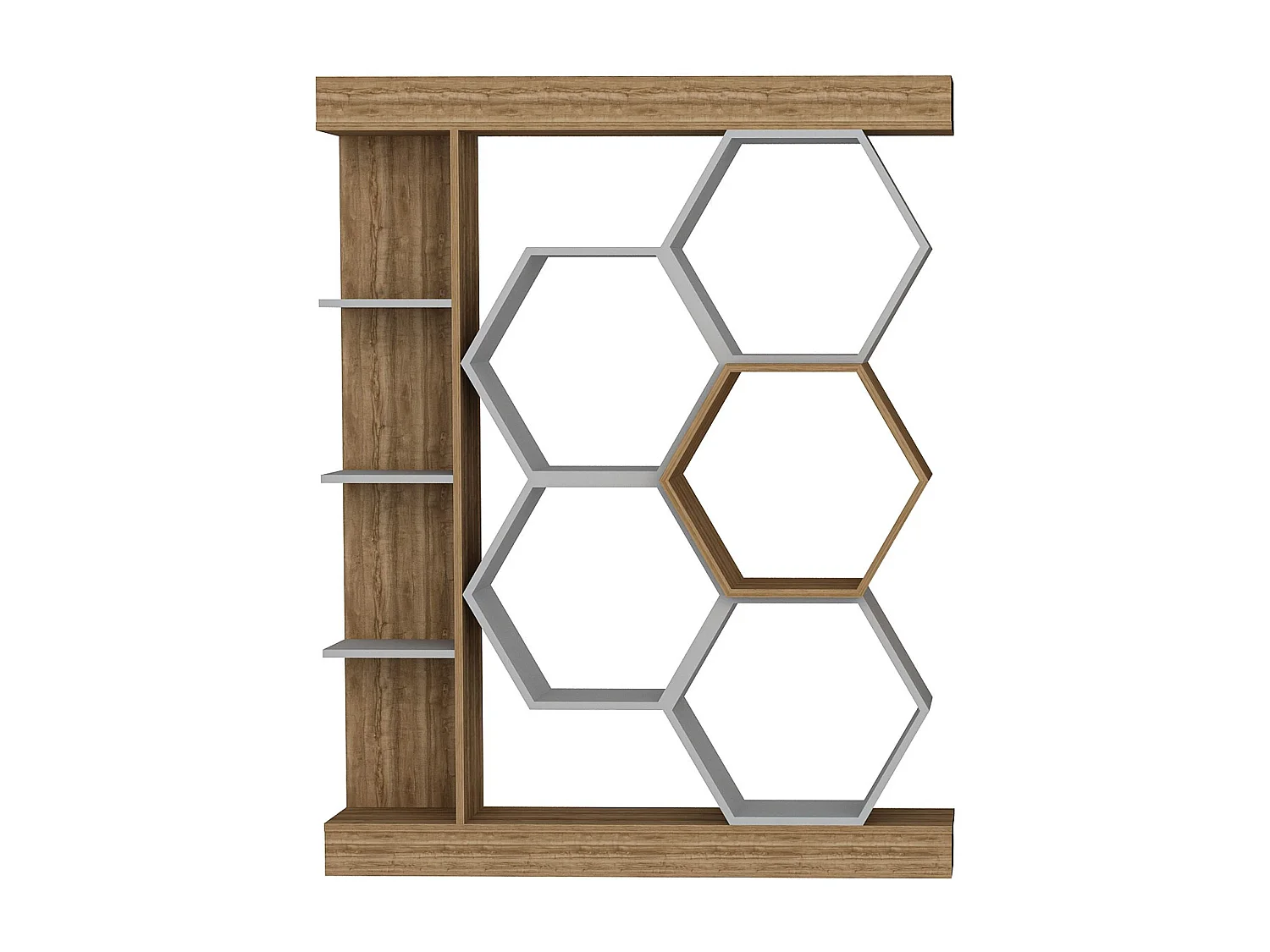 Estante moderna, branca e nogueira, 140 x 29,6 x 177,4 cm | Painel de partículas 100% revestido de melamina, 18 mm de espessura | Armazename