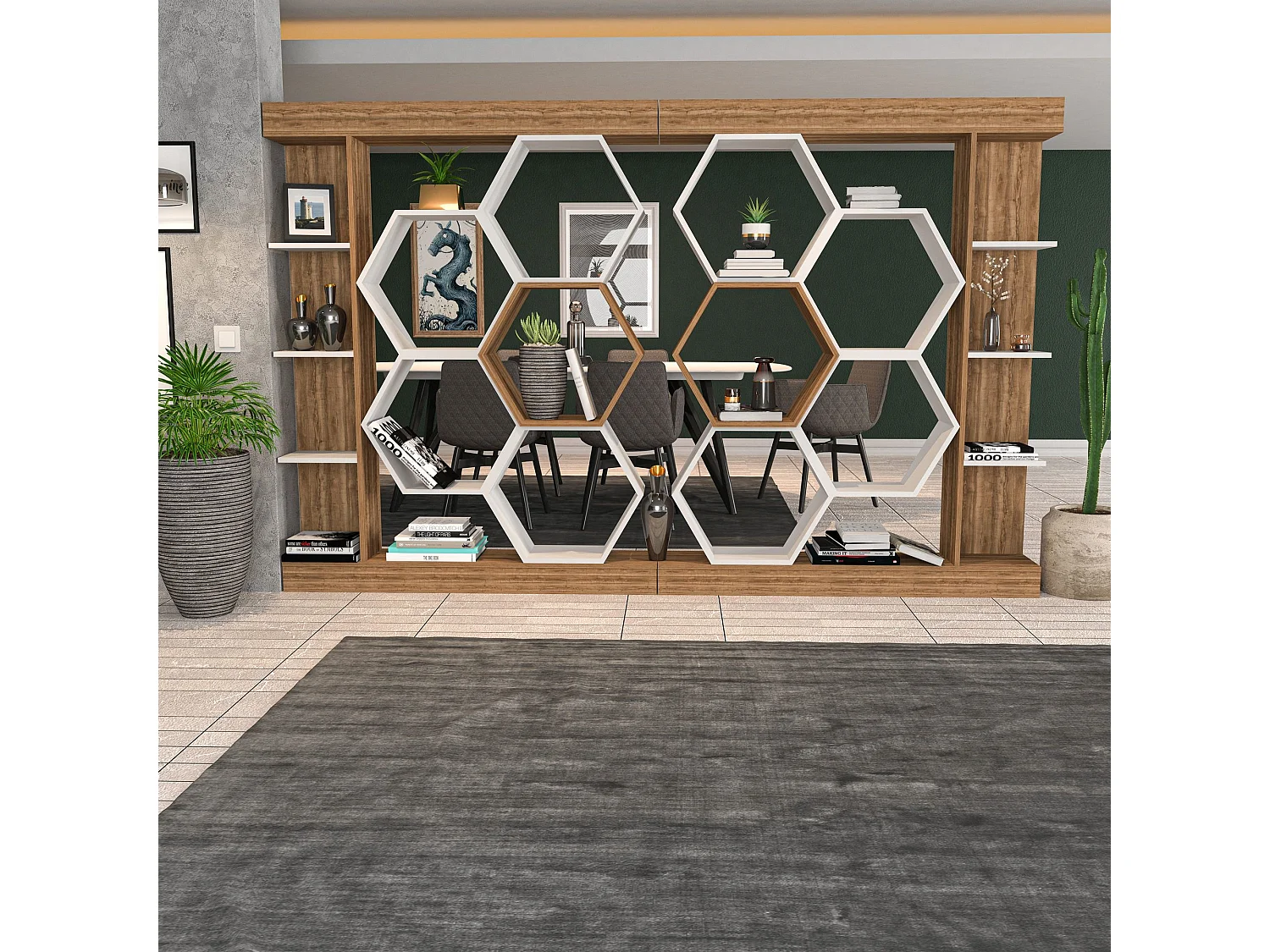 Estante moderna, branca e nogueira, 140 x 29,6 x 177,4 cm | Painel de partículas 100% revestido de melamina, 18 mm de espessura | Armazename