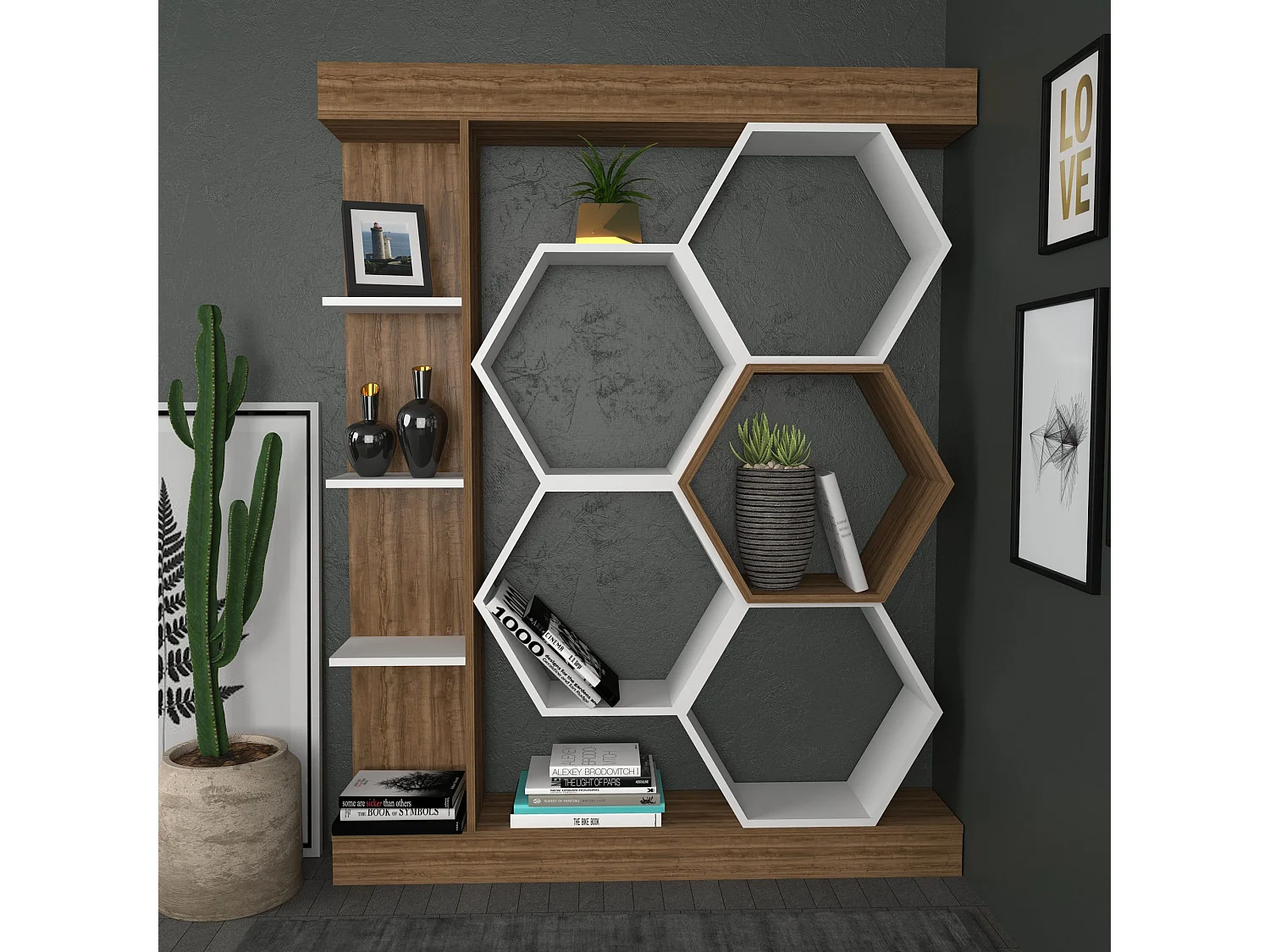 Estante moderna, branca e nogueira, 140 x 29,6 x 177,4 cm | Painel de partículas 100% revestido de melamina, 18 mm de espessura | Armazename