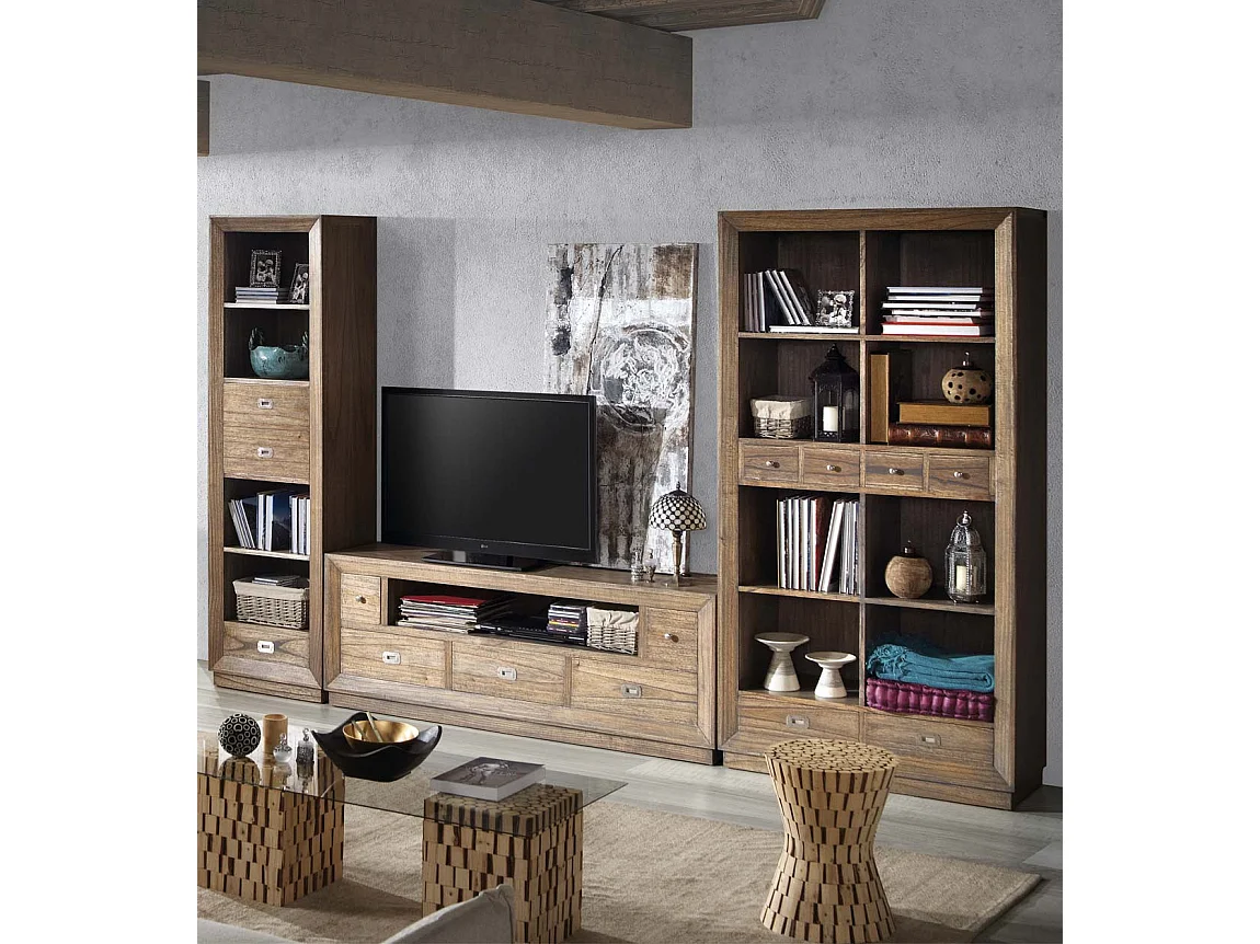 Bibliothèque en bois massif de Mindy naturel 6 tiroirs 8 compartiments Mazari 100cm