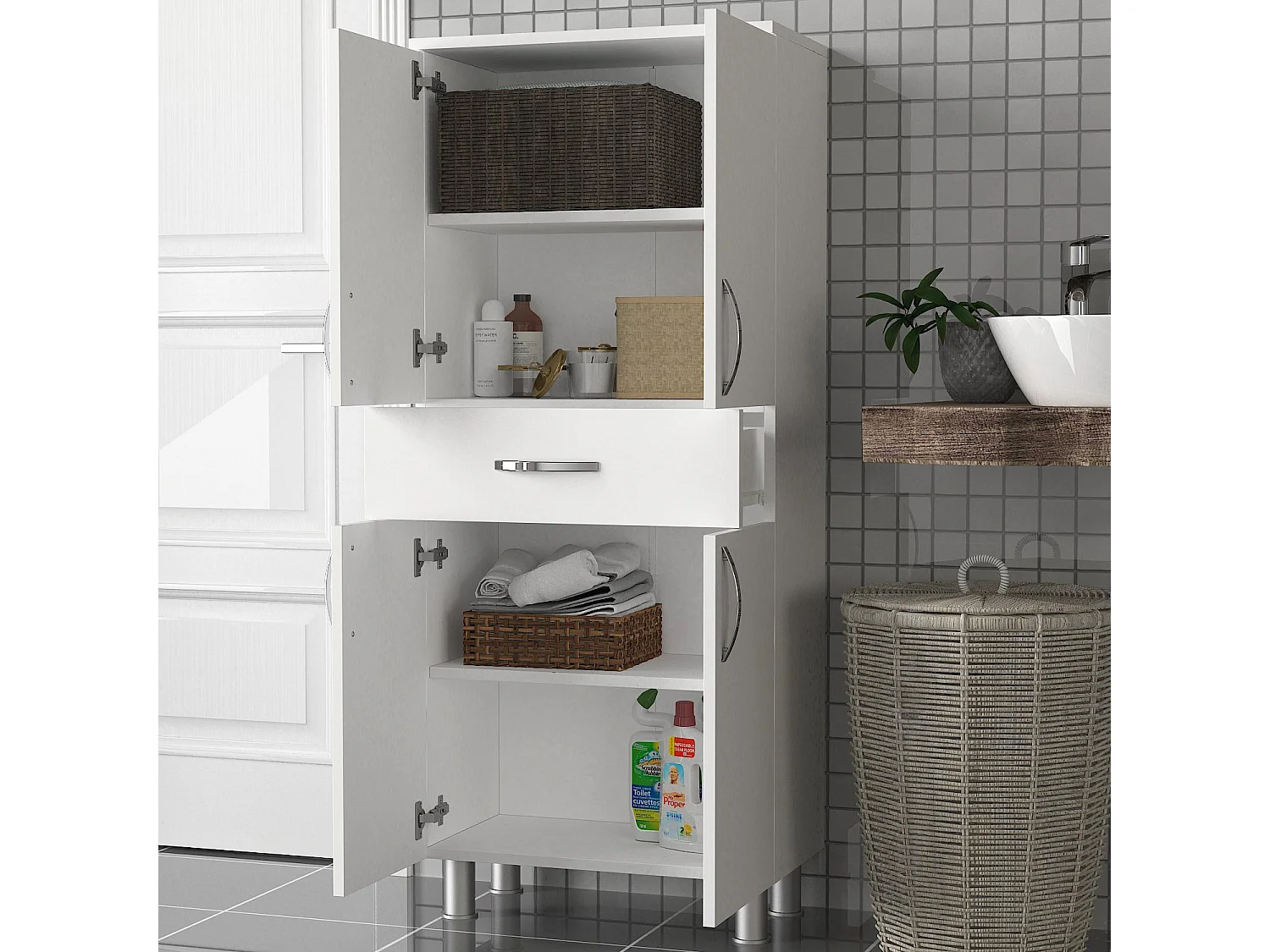 Armoire de salle de bain 4 portes 1 tiroir bois blanc 59.4cm