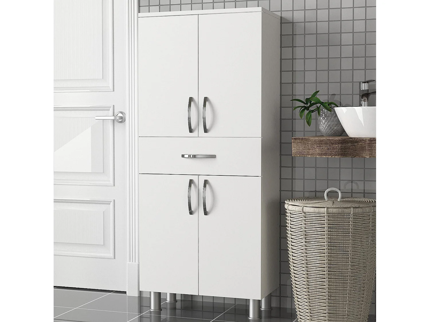 Armoire de salle de bain 4 portes 1 tiroir bois blanc 59.4cm