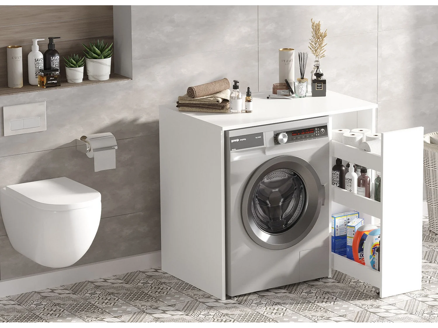 Witte houten wasmachineopbergkast