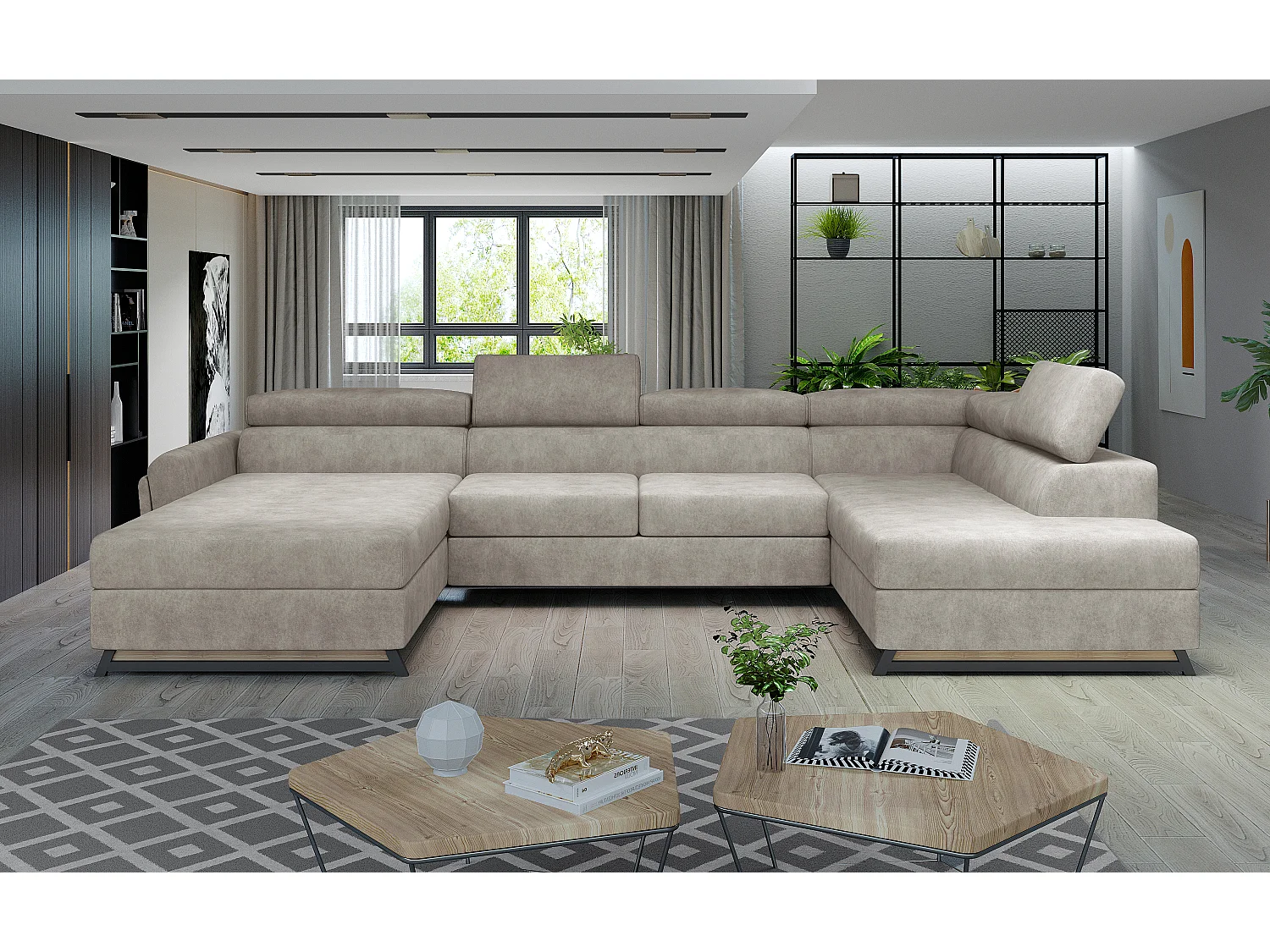 Grote panoramische slaapbank in beige stof met Konba-kist 370 cm-Opslagruimte naar rechts