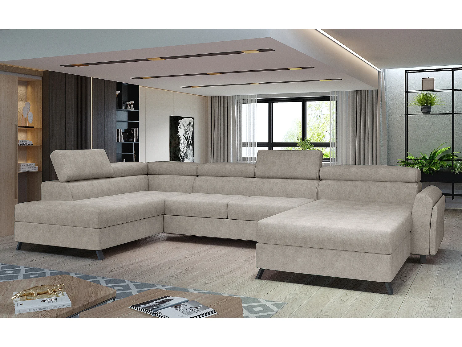 Grote panoramische slaapbank in beige stof met Konba-kist 370 cm-Opslagruimte naar rechts