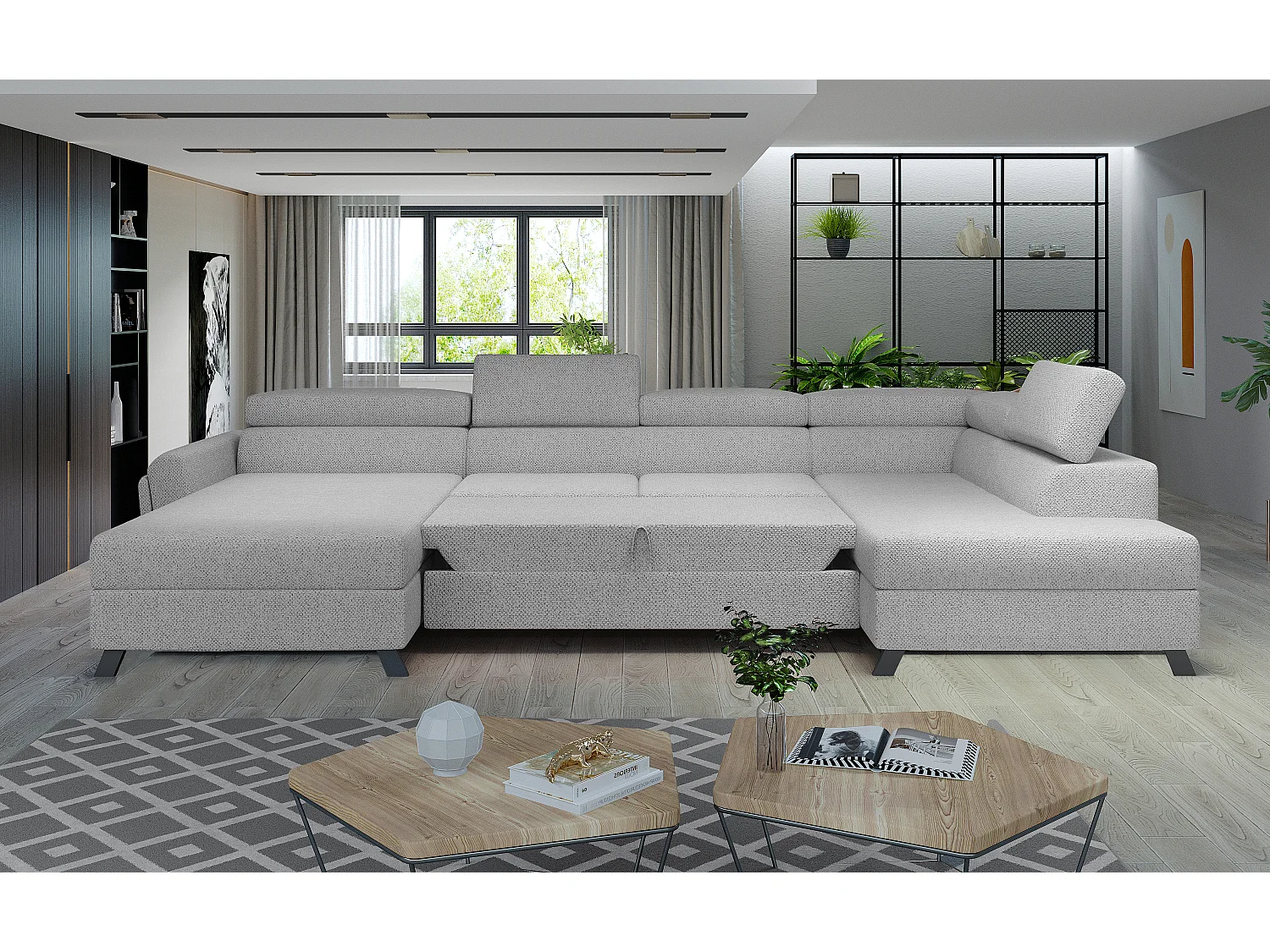 Grand canapé panoramique convertible tissu beige avec coffre Konba 370cm-Coffre de rangement à droite