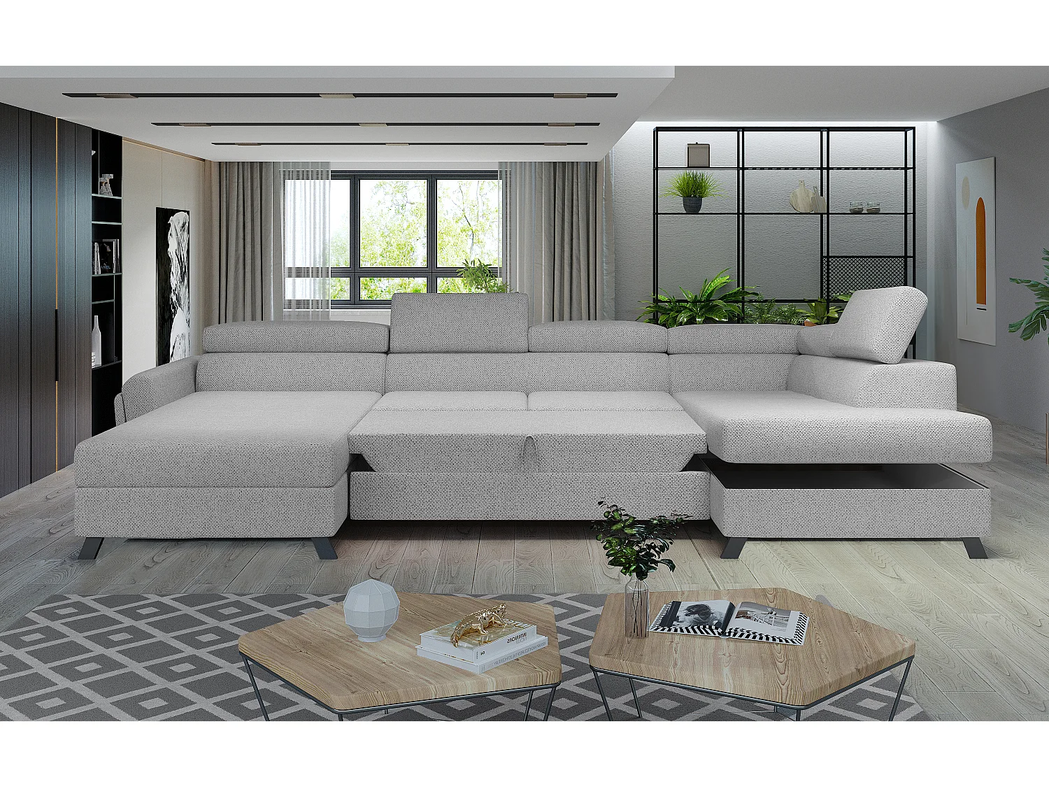 Grand canapé panoramique convertible tissu beige avec coffre Konba 370cm-Coffre de rangement à droite