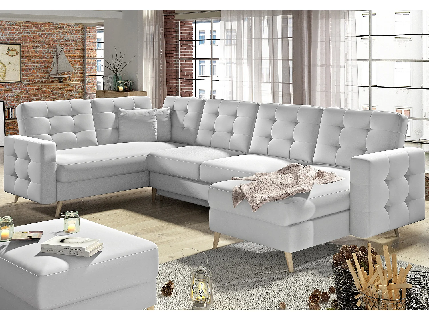 Canapé panoramique convertible capitonné simili cuir blanc Anska 320cm