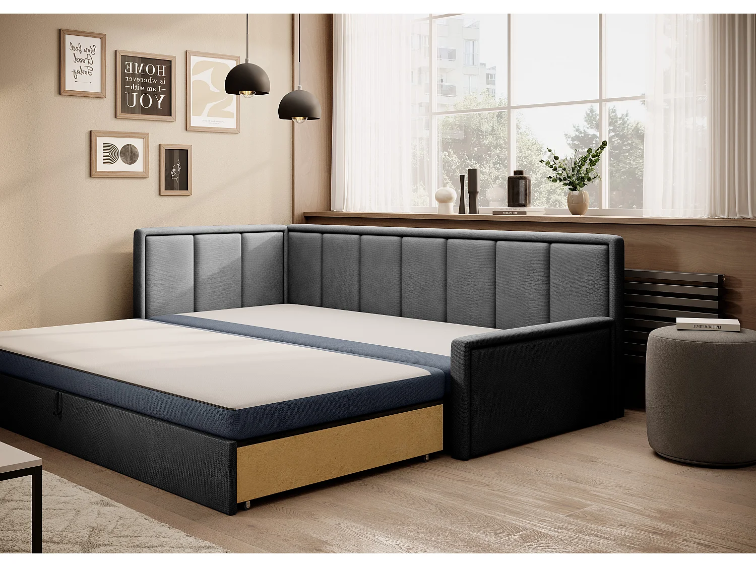 Canapé banquette convertible 3 places tissu doux Figo 214cm-Couleur Gris clair-angle gauche