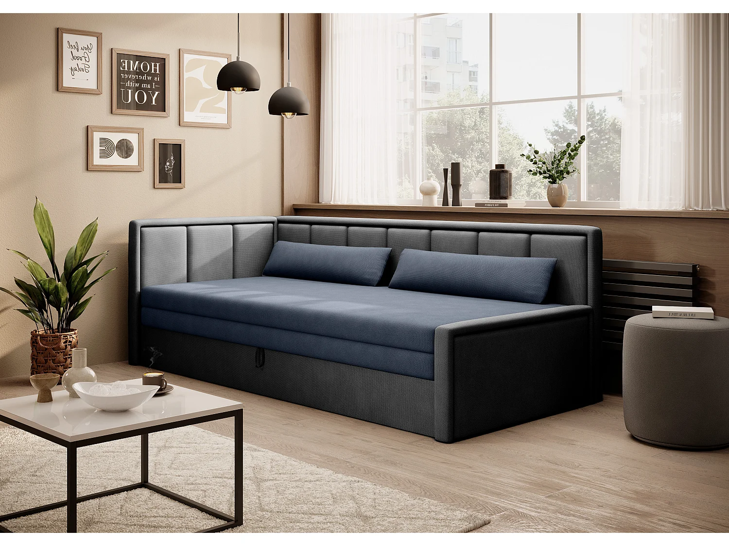 Canapé banquette convertible 3 places tissu doux Figo 214cm-Couleur Gris clair-angle gauche
