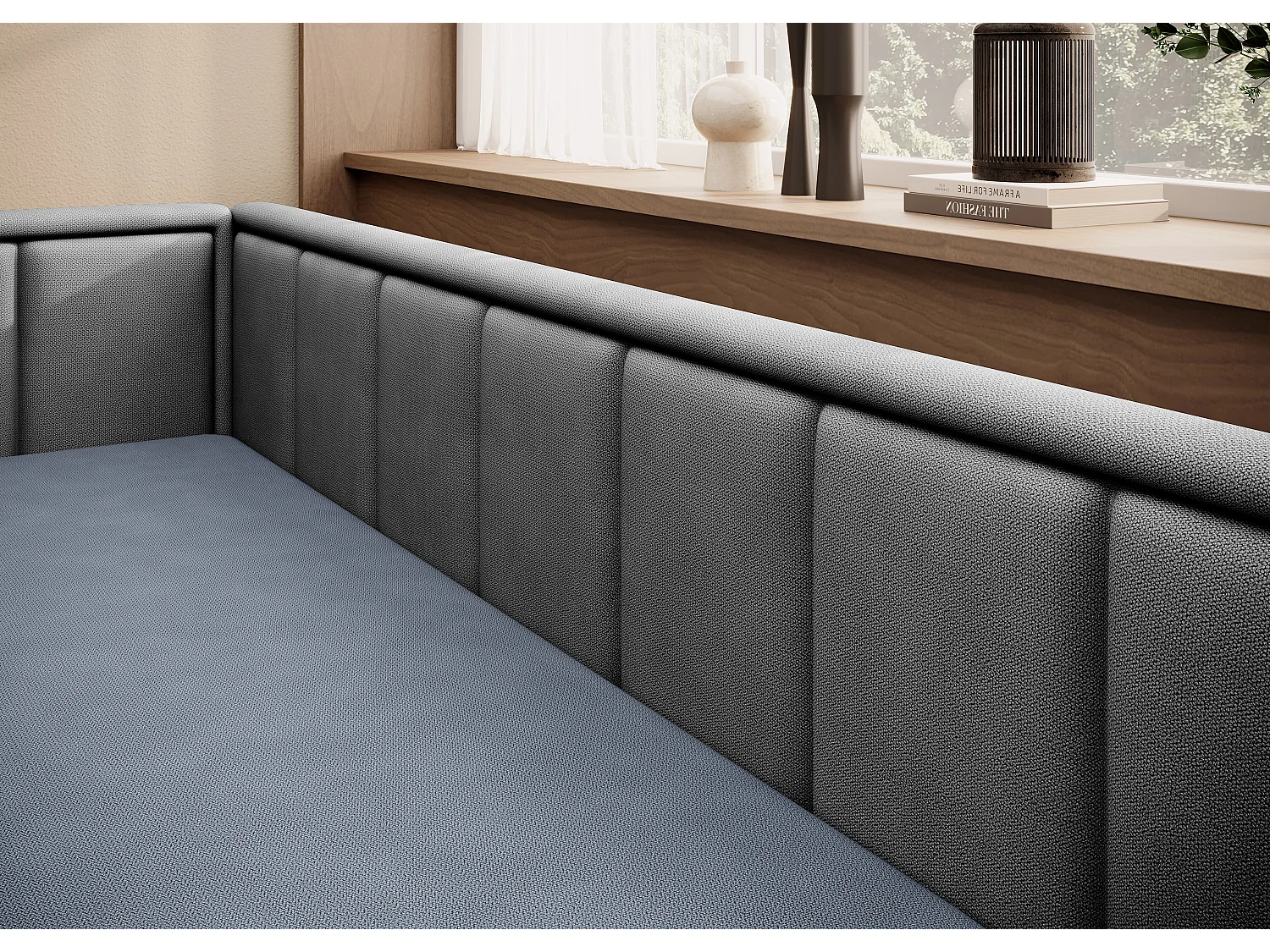 Canapé banquette convertible 3 places tissu doux Figo 214cm-Couleur Gris clair-angle gauche