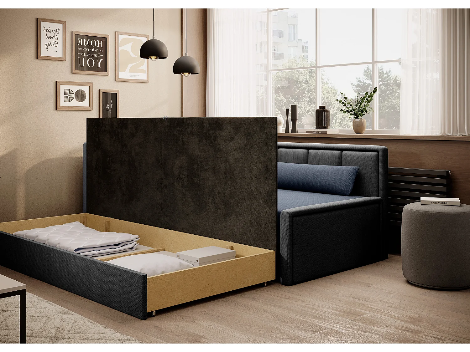 Canapé banquette convertible 3 places tissu doux Figo 214cm-Couleur Gris clair-angle gauche