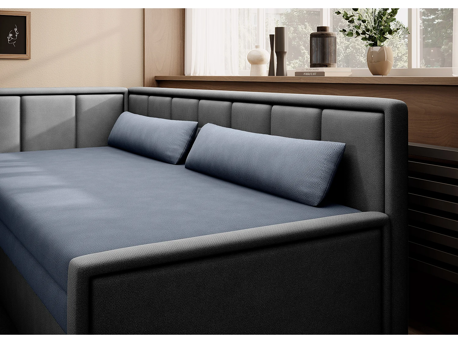 Canapé banquette convertible 3 places tissu doux Figo 214cm-Couleur Gris clair-angle gauche