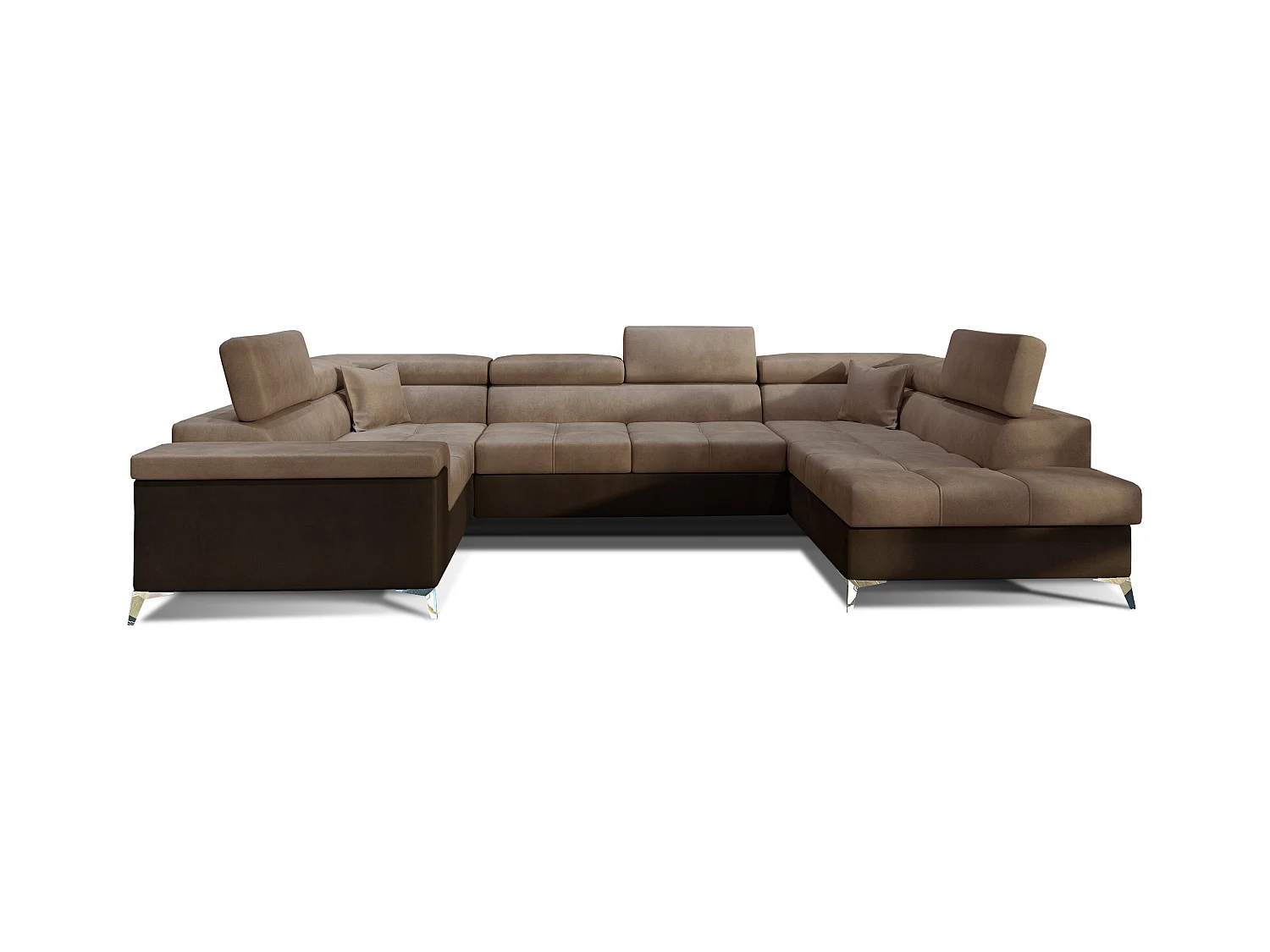 Canapé panoramique convertible velours marron clair et marron foncé avec coffre de rangement Triano 342cm-Coffre de rangement à droite