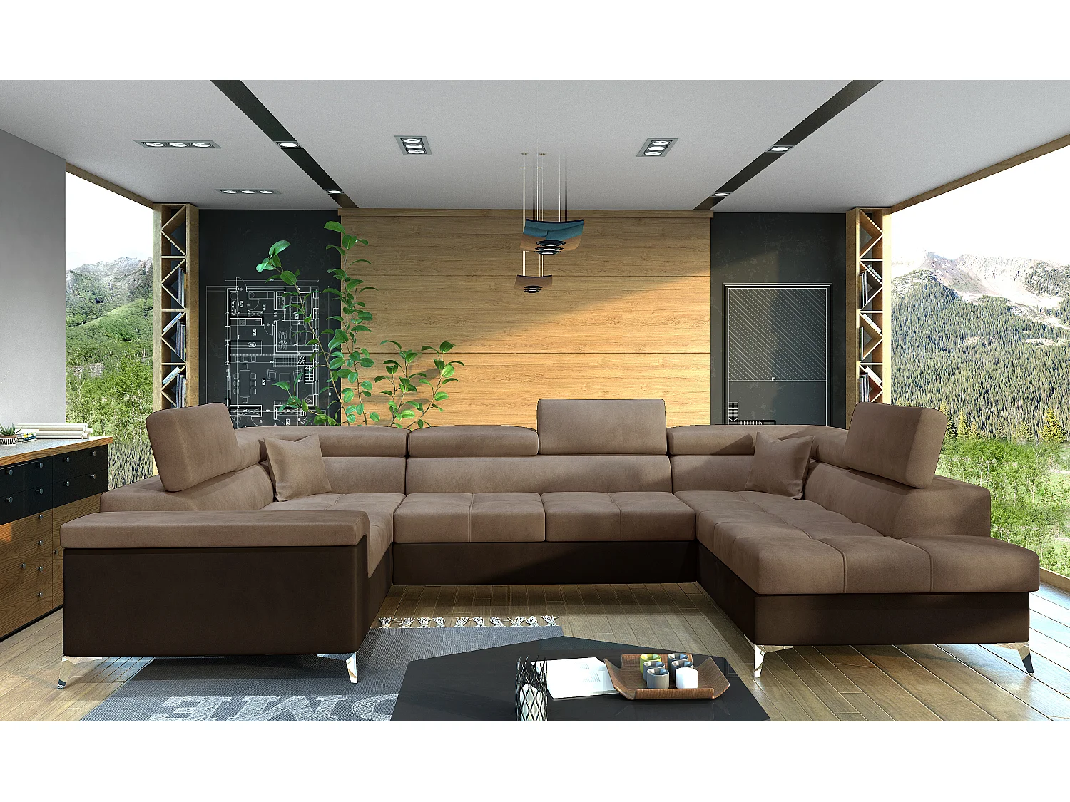 Canapé panoramique convertible velours marron clair et marron foncé avec coffre de rangement Triano 342cm-Coffre de rangement à droite