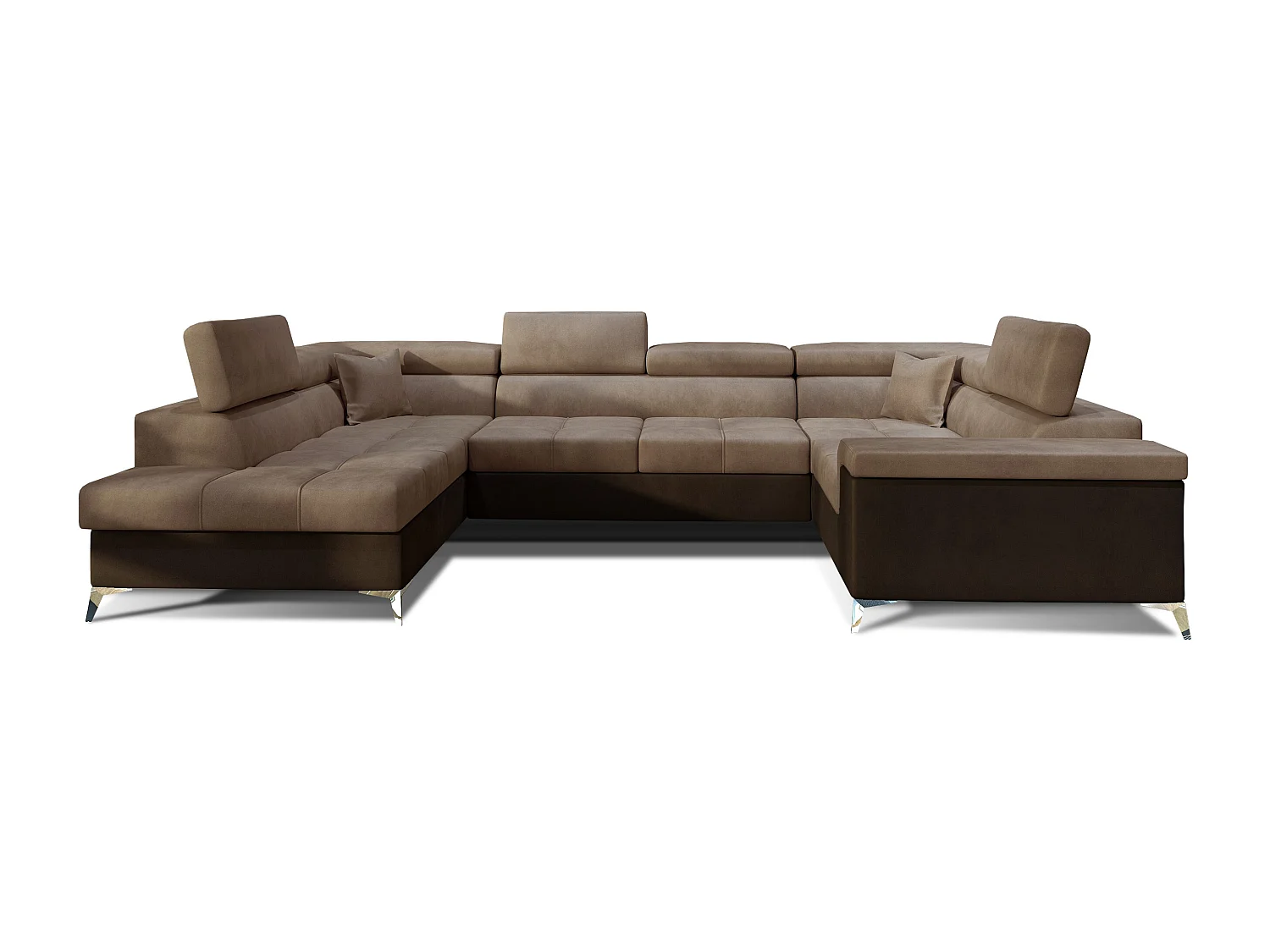 Canapé panoramique convertible velours marron clair et marron foncé avec coffre de rangement Triano 342cm-Coffre de rangement à droite