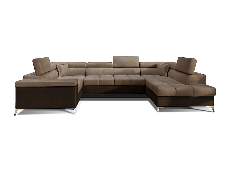Canapé panoramique convertible velours marron clair et marron foncé avec coffre de rangement Triano 342cm-Coffre de rangement à droite