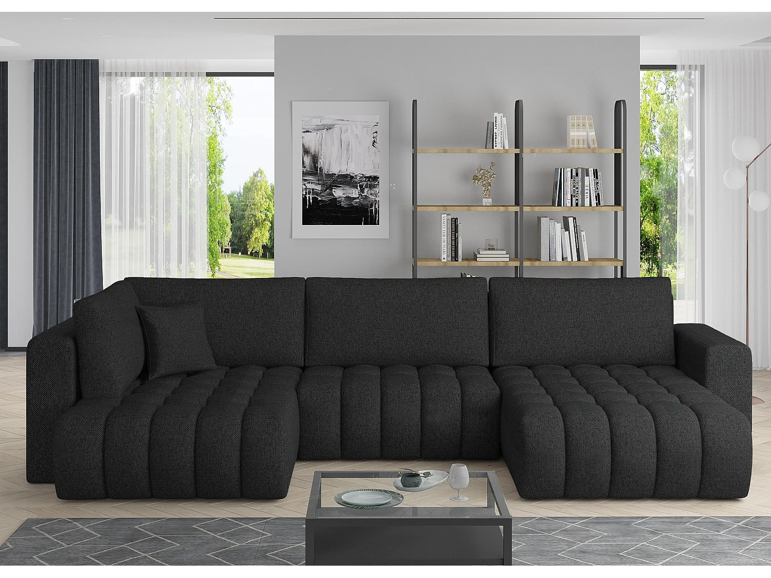 Canapé panoramique convertible design capitonné tissu noir méridienne droite Boston 350cm