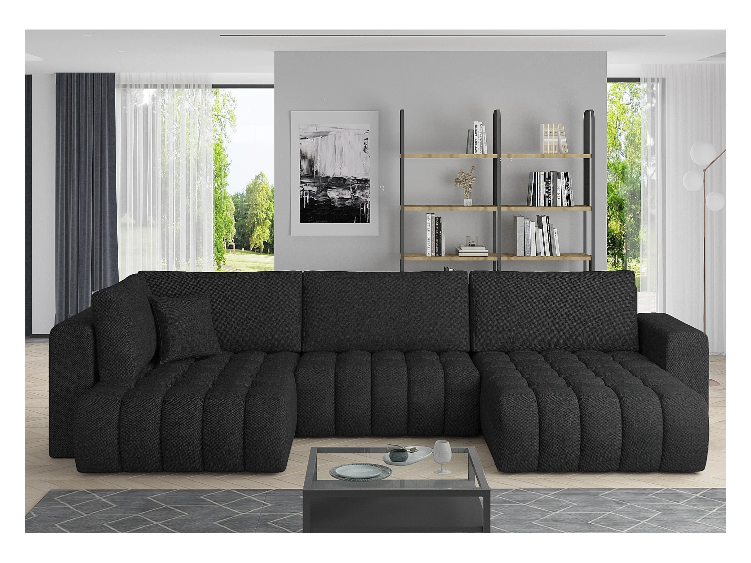 Canapé panoramique convertible design capitonné tissu noir méridienne droite Boston 350cm
