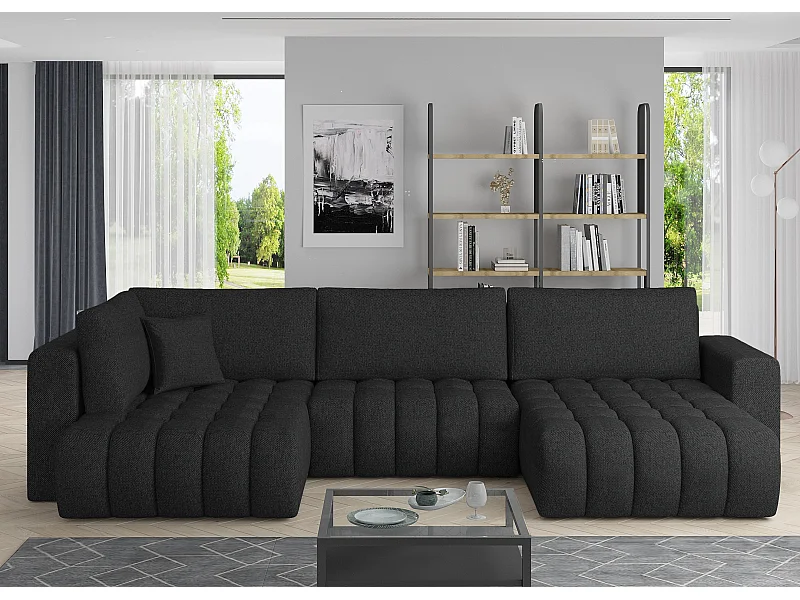 Panoramische converteerbare designbank gewatteerde zwarte stof rechte chaise longue Boston 350 cm