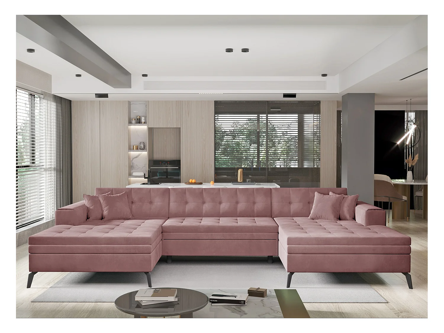 Canapé panoramique convertible velours capitonné rose cuivré Romy 350cm