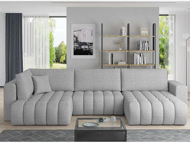 Canapé panoramique convertible design capitonné tissu gris clair chiné méridienne droite Boston 350cm